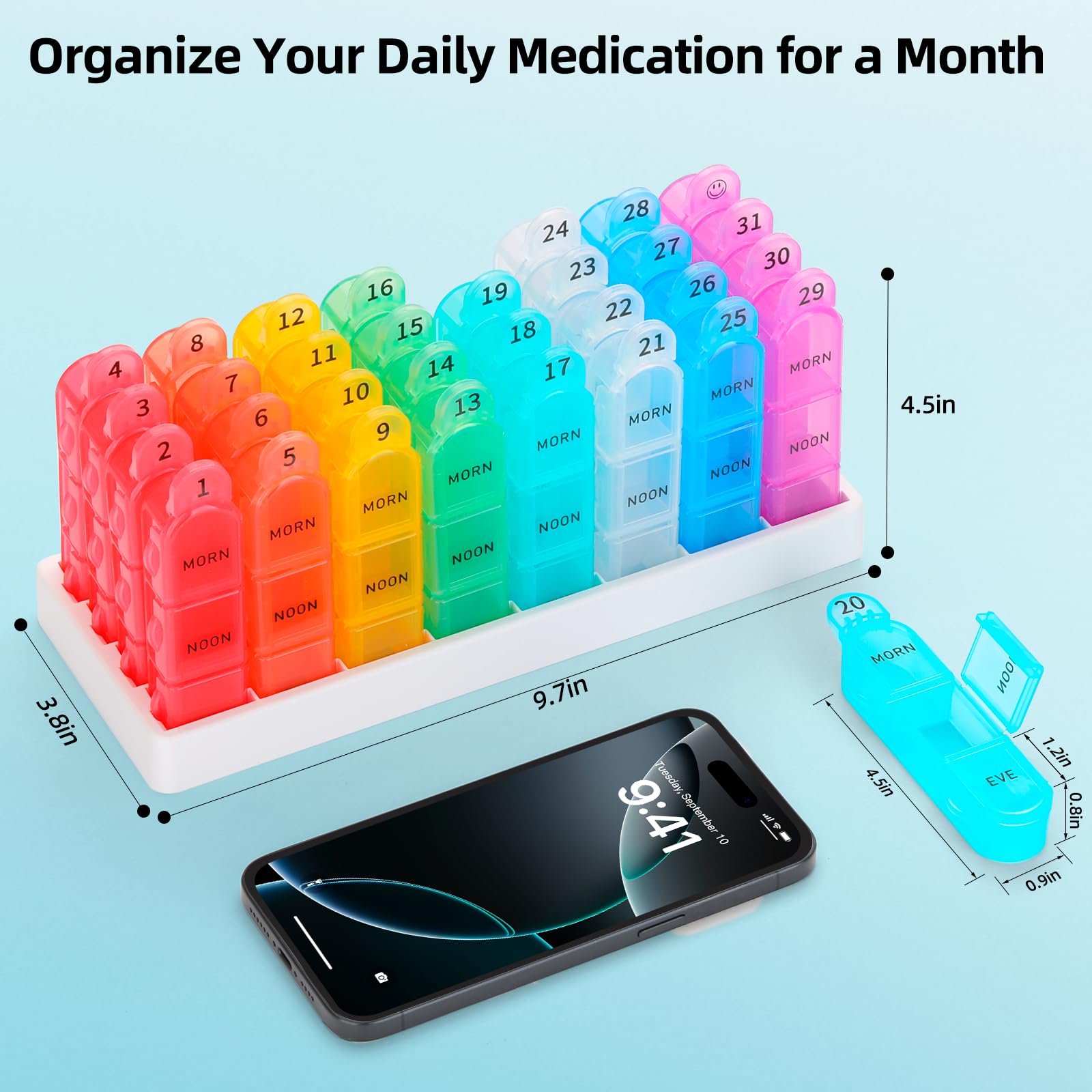Monthly Pill Organizer, 31 Day Pill Dispenser 3 Times a Day with Small Pill Box, 4 Week Pill Container for Vitamins, Fish Oil, S