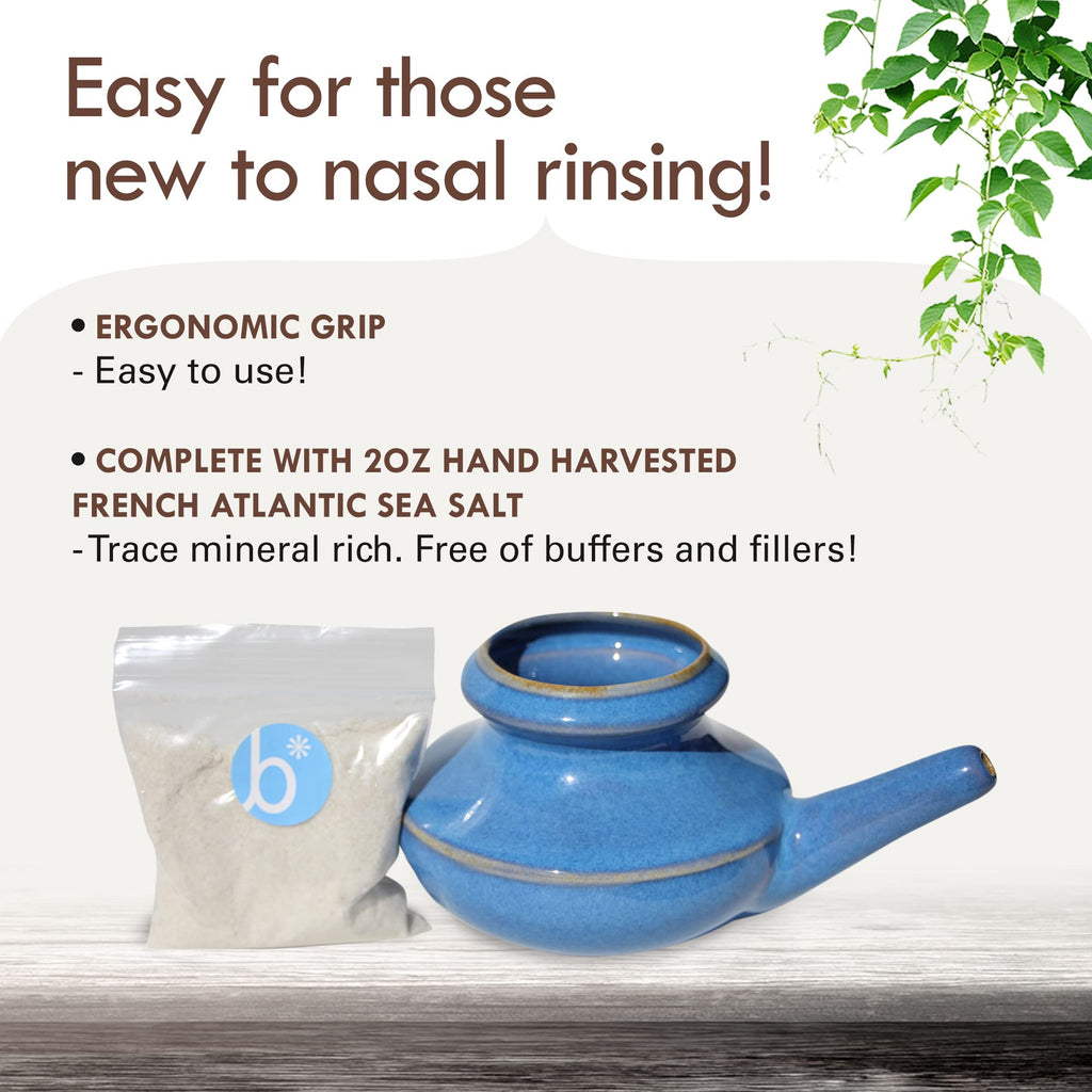 Baraka Neti Pot Tool Kit - Snoring & Saline Solution, Handcrafted Ceramic Dishwasher Safe with 2oz Mineral Sea Salt for Nose Cle