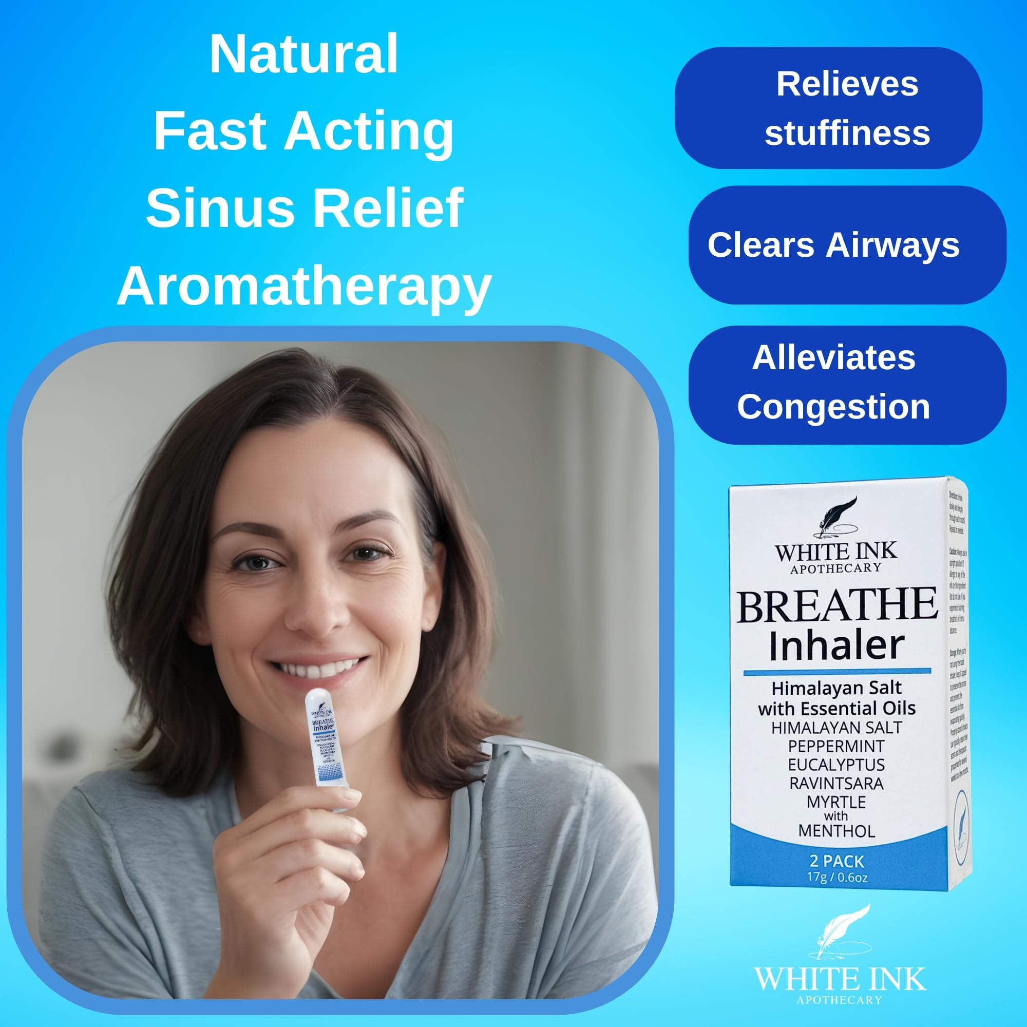 White Ink Breathe Better Pink Himalayan Sea Salt Nasal Inhaler | Congestion | Allergy | Focus | Aromatherapy Sinus | Lung (2)
