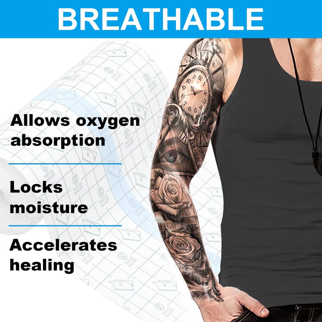 Hion Tattoo Aftercare Waterproof Bandage Transparent Film Dressing 50 Pre-Cut Sheets 4 x 4 Inch Tattoo Cover Up Tape Second Skin