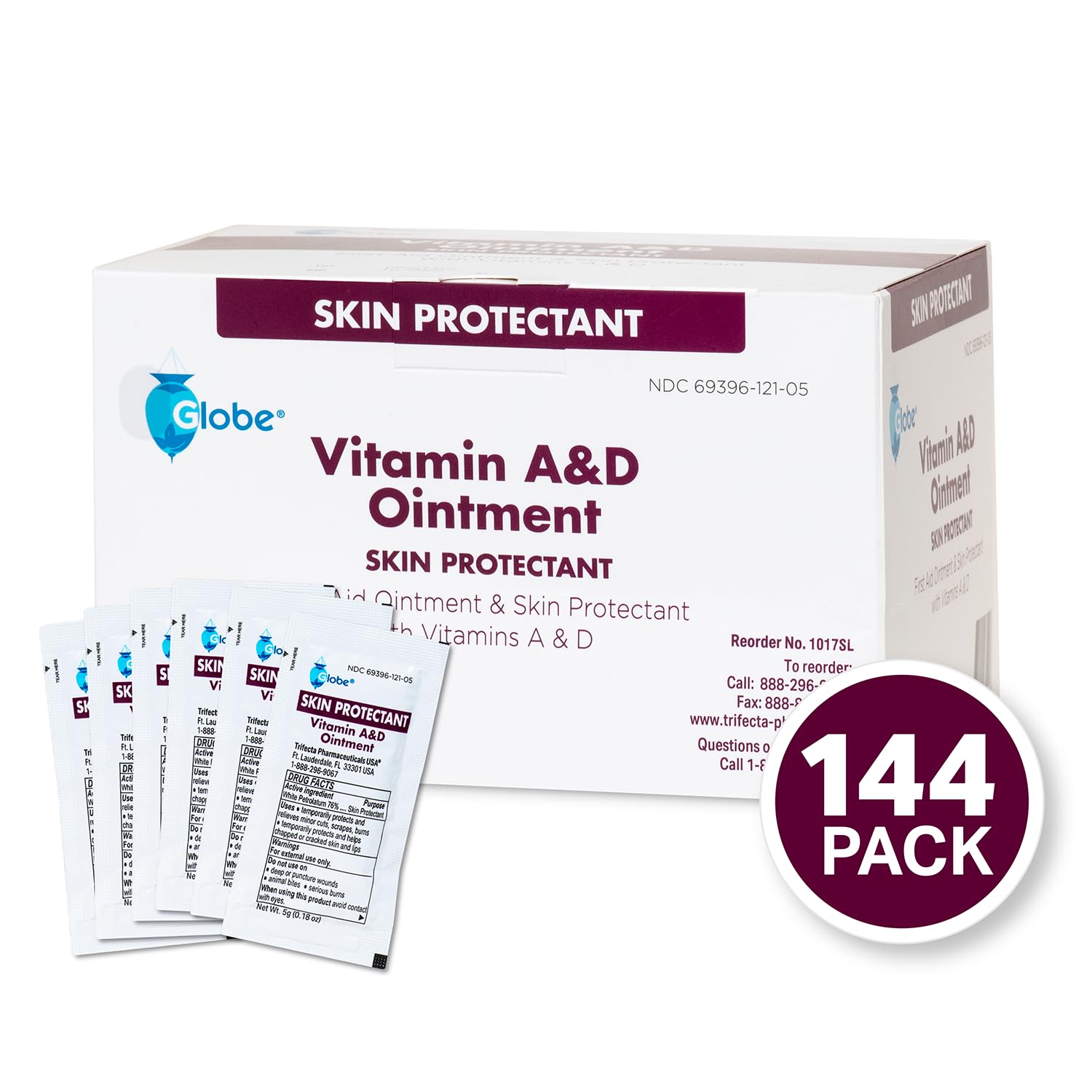 Globe (Box of 144) Vitamin A & D Ointment, First Aid & Skin Protectant with Vitamins A&D, 5g Packets, 144-Packets Box, Lanolin &