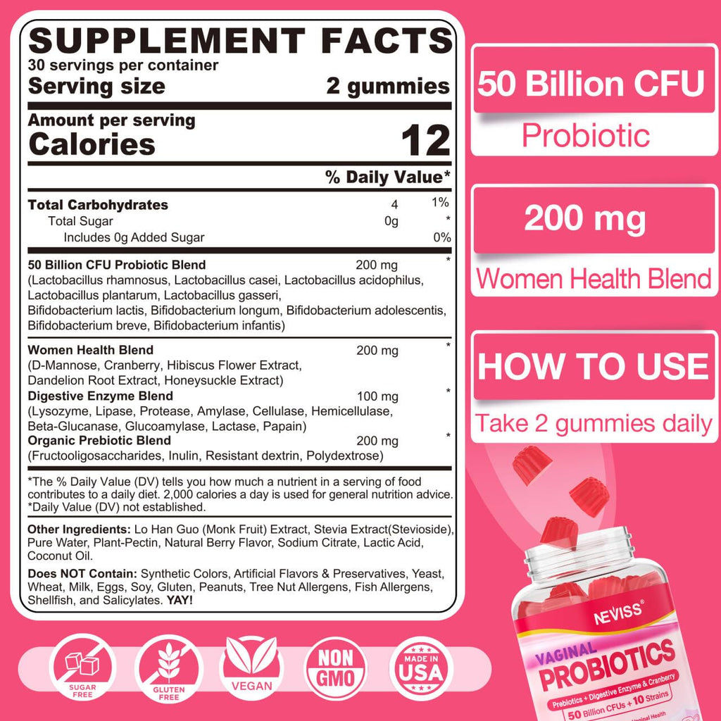 Vaginal Probiotics Gummies for Women PH Balance, Odor Control with Prebiotics, Cranberry, D-Mannose, Promotes Feminine Healthy V