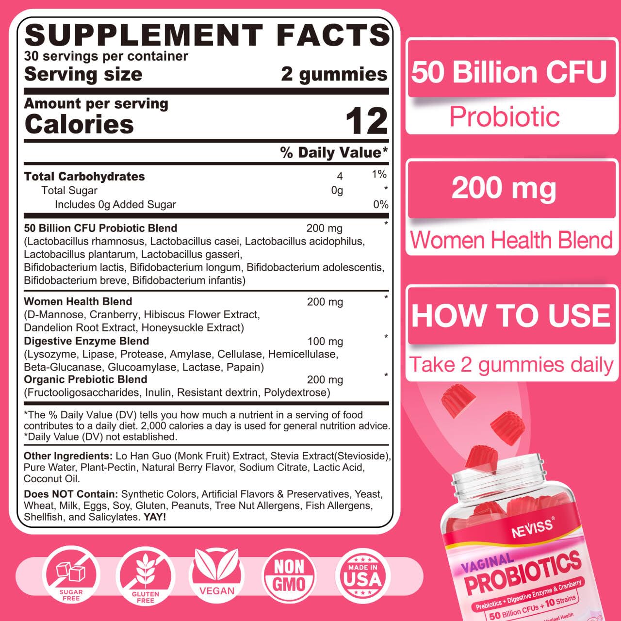 Vaginal Probiotics Gummies for Women PH Balance, Odor Control with Prebiotics, Cranberry, D-Mannose, Promotes Feminine Healthy V