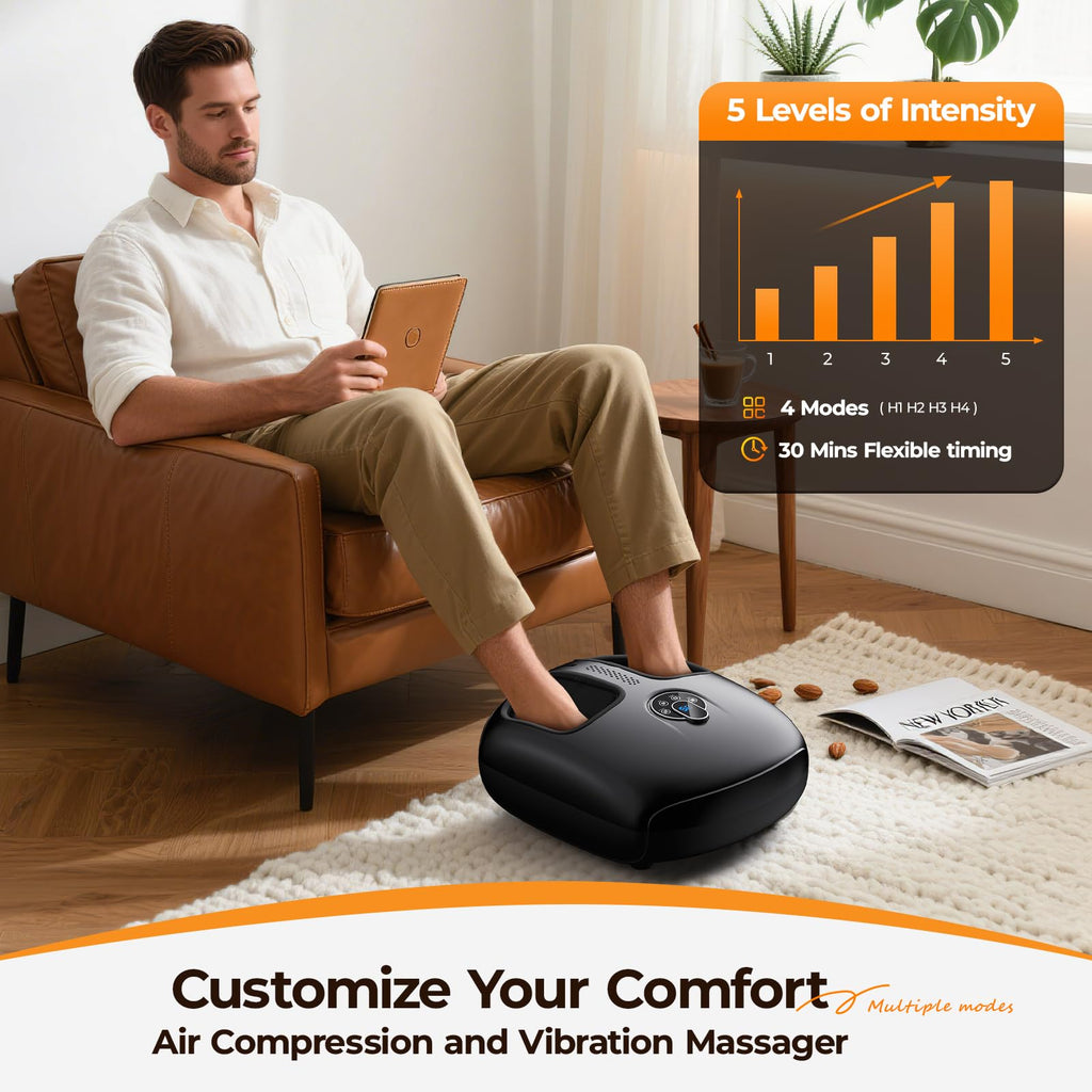 HTM Foot Massager Machine with Heat - Shiatsu, Kneading, Rolling Compression, 4 Modes & 5 Intensity Levels, Versatile Control Me