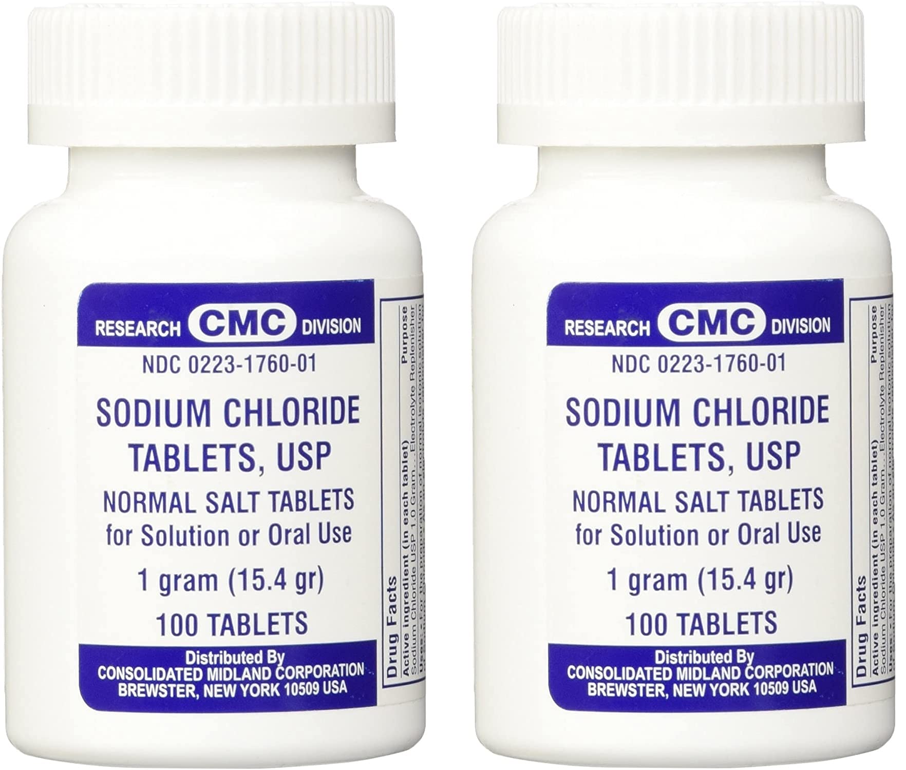 CONSOLIDATED MIDLAND CORP. Sodium Chloride Tablets 1 Gm, USP Normal Salt Tablets - 100 Tablets, 2 Count