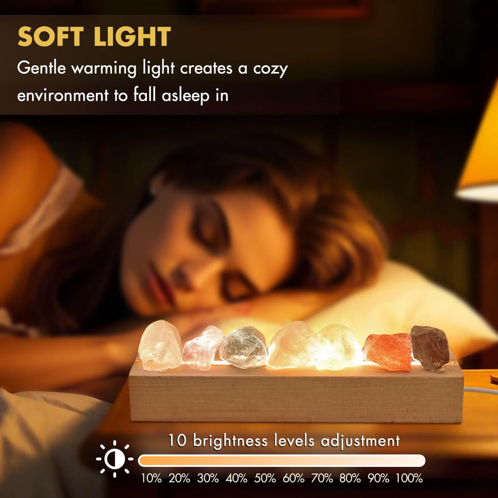 HYAMVOR Healing Crystal Night Light,7 Chakra Stones Bedside Lamp,Mood Light with Wooden LED Light Base,Healing Stones Positive E