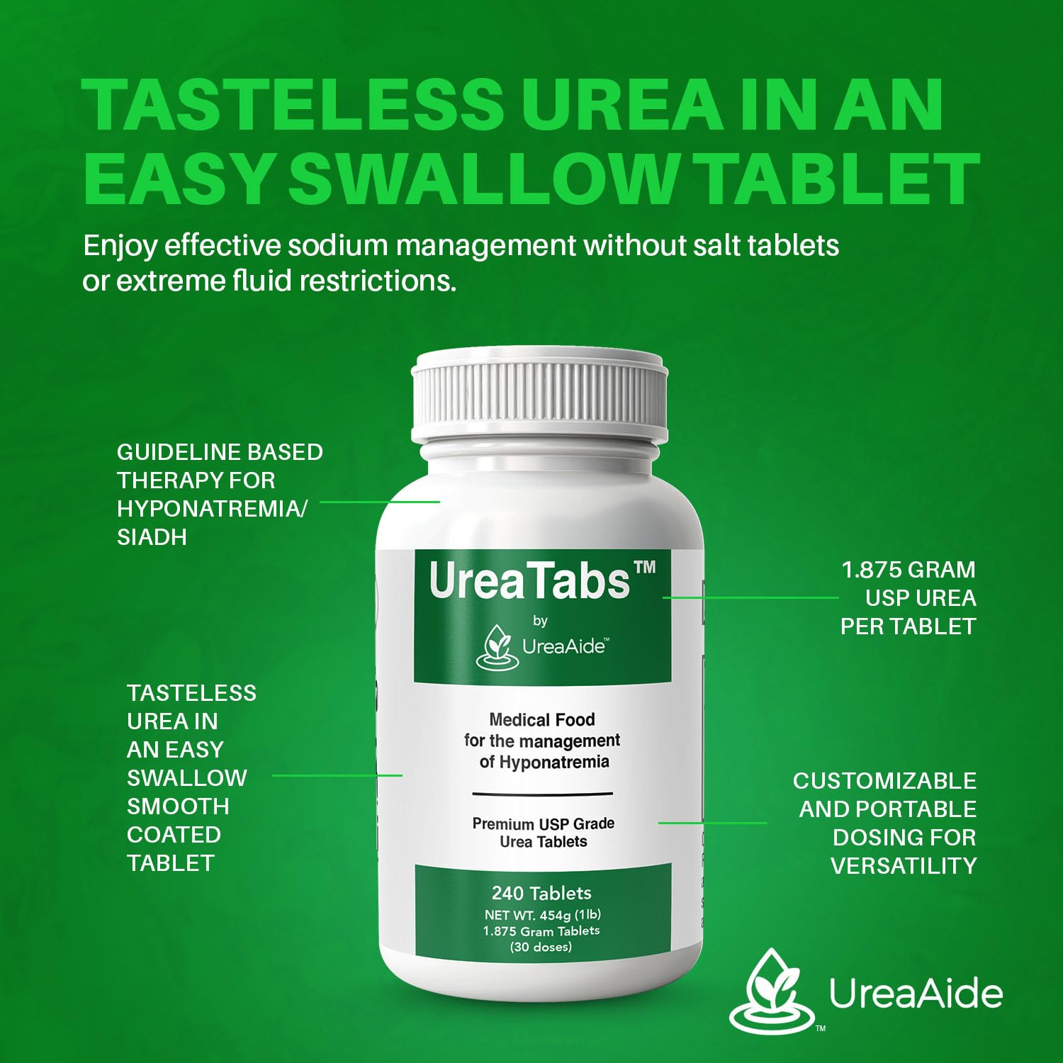 UreaTabs Oral Urea Tablets 1.875 Grams for Hyponatremia Management Low Sodium Support Tasteless Coated 240 Tablets in 1 Bottle E