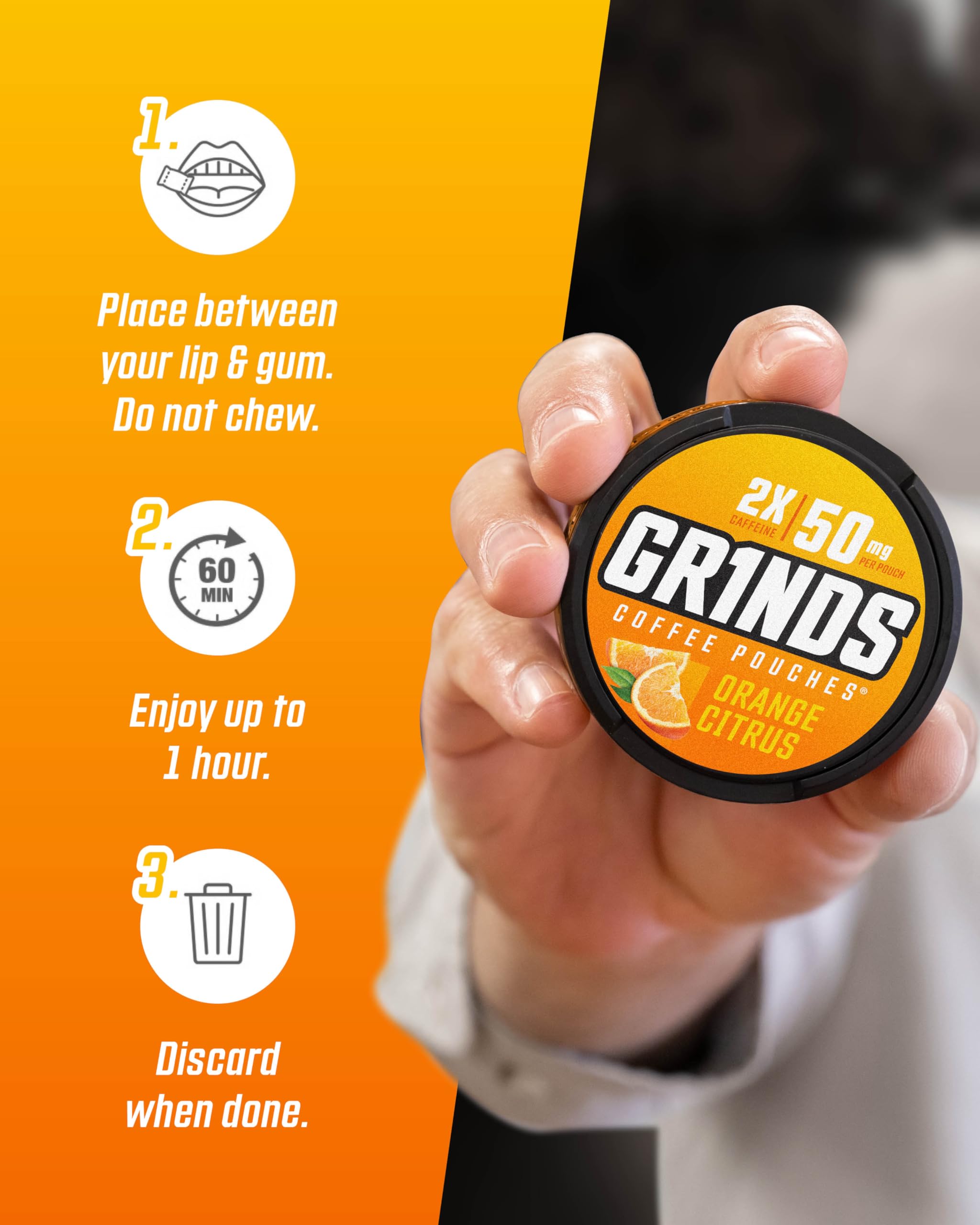 Grinds Coffee Pouches | Tobacco Free, Nicotine Free Healthy Alternative | 6 Cans of Orange Citrus | 18 Pouches Per Can | 1 Pouch