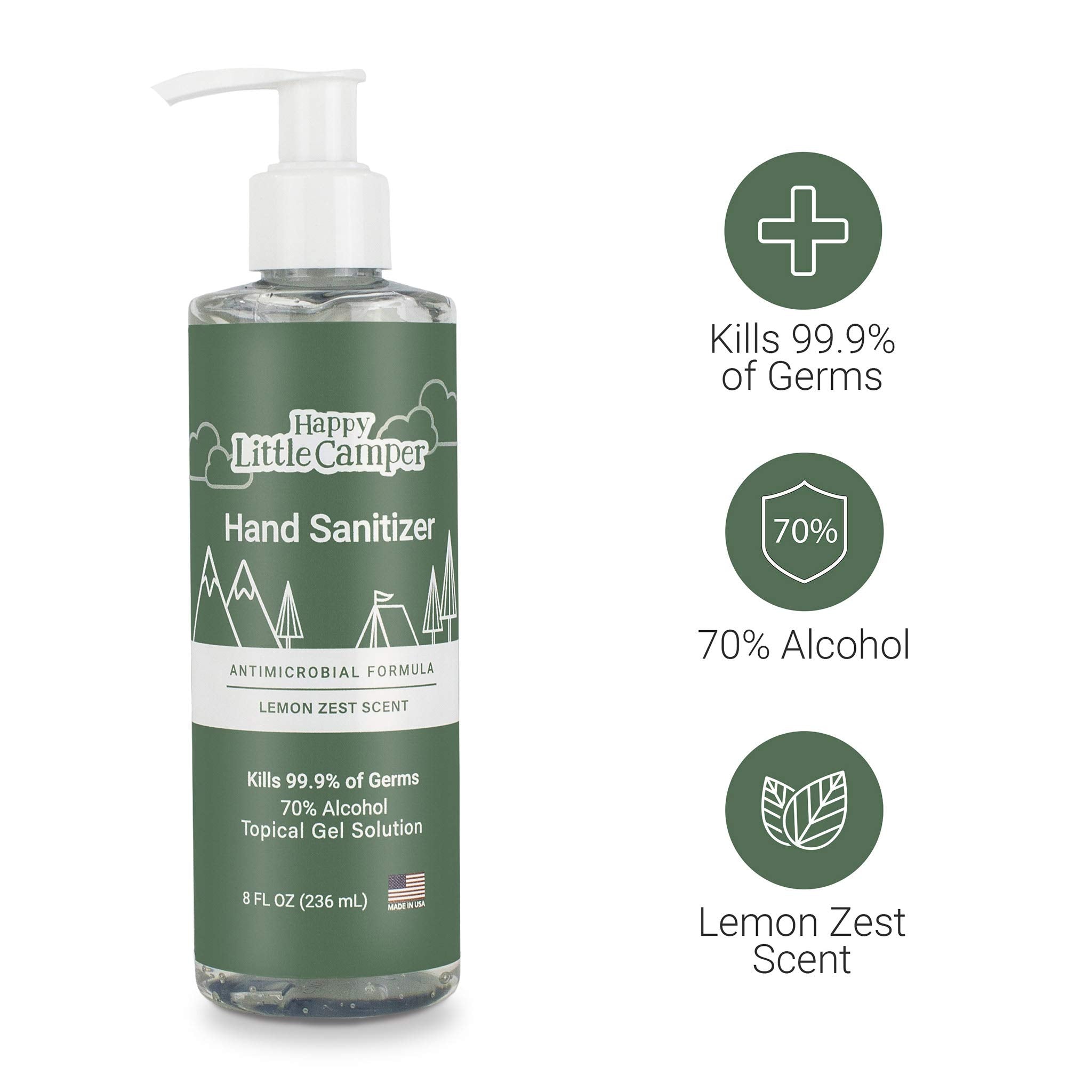 Happy Little Camper Hand Sanitizer with Lemon Zest Scent - Moisturizing Gel with Vitamin E & Antimicrobial Formula- Contains 70%