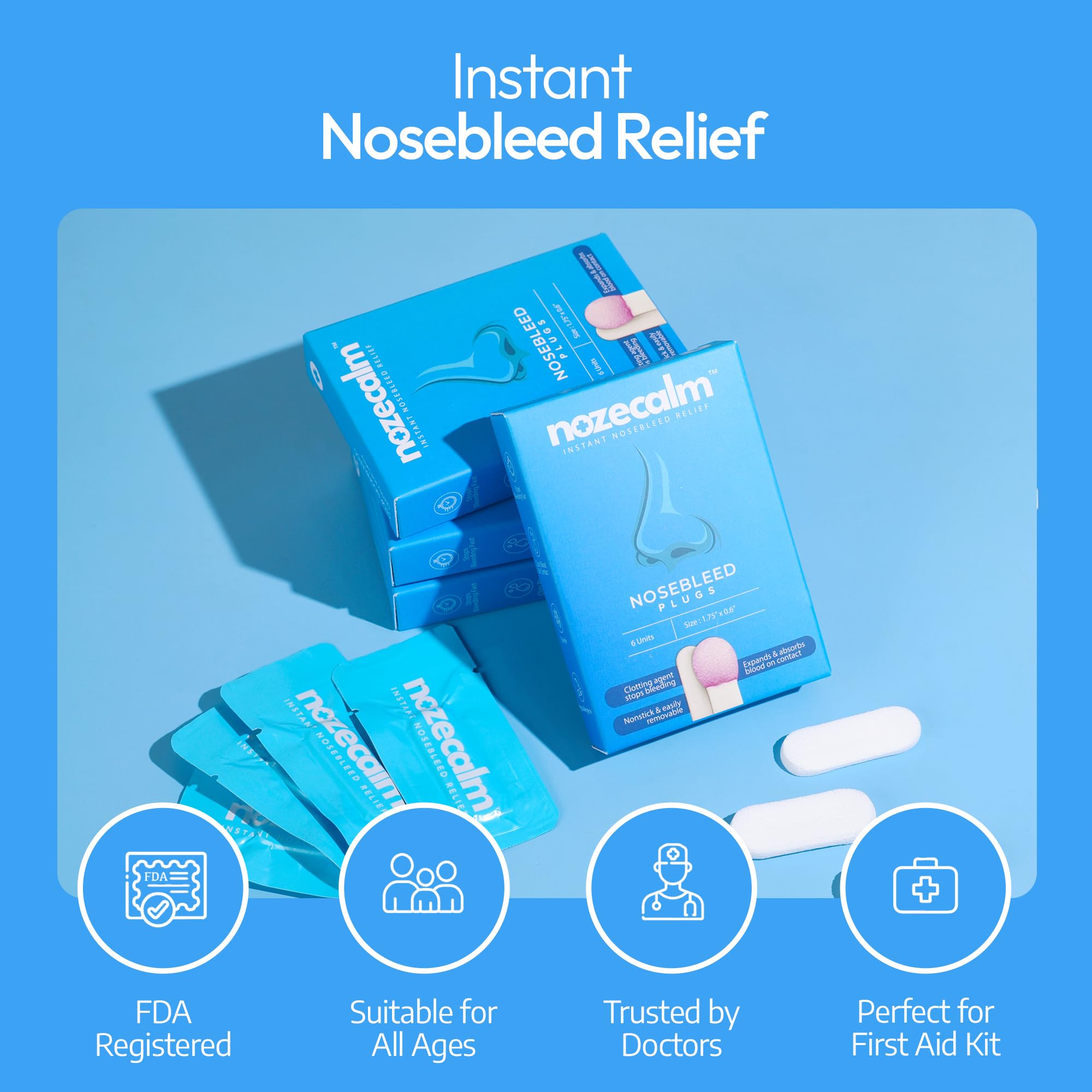 NozeCalm Nose Bleed Stopper - 6 Count - Fast Relief for Kids and Adults - Bloody Nose Stoppers with Clotting Agent - Hypoallerge