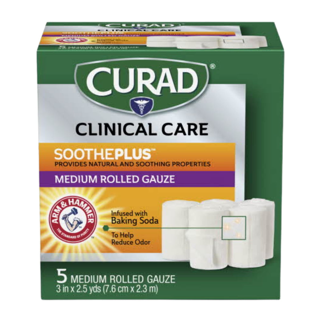 Curad SoothePlus Rolled Gauze with Arm & Hammer Baking Soda, 3 x 2.5 yds, 5 count (Pack of 1)