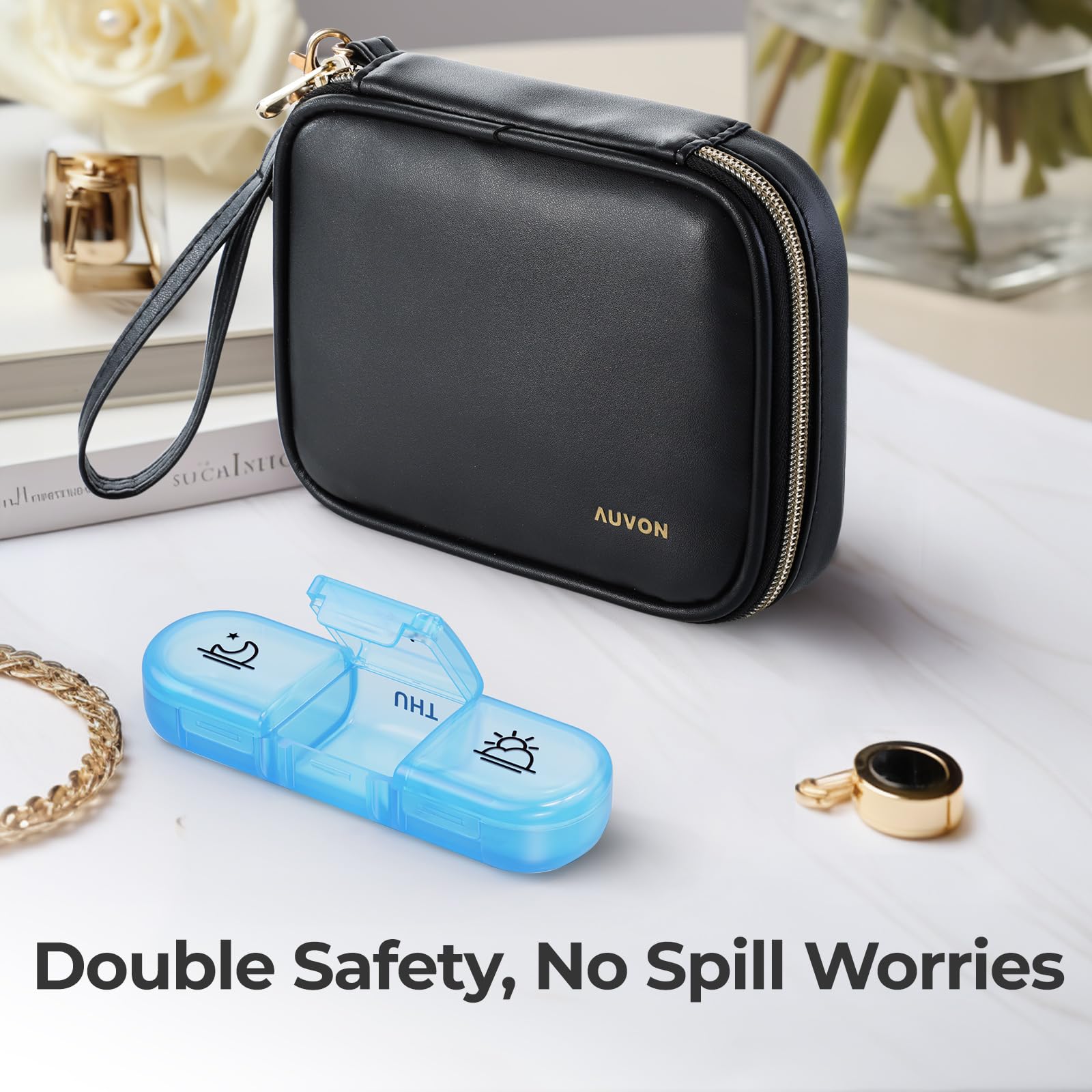AUVON Weekly Pill Organizer 3 Times a Day, Large Pill Box 7 Day with A PU Leather Bag, Protabel Travel Pill Case Medication Remi