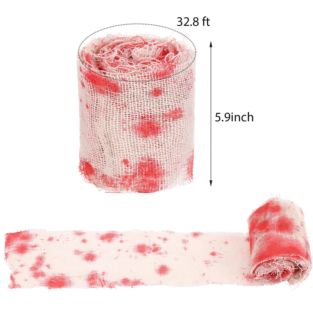 Preboun Halloween Mummy Bandage Wrap Bloody Gauze Zombie Makeup Props Creepy Costume Bandage Cosplay Party(Red,32.81 ft X 5.91 I