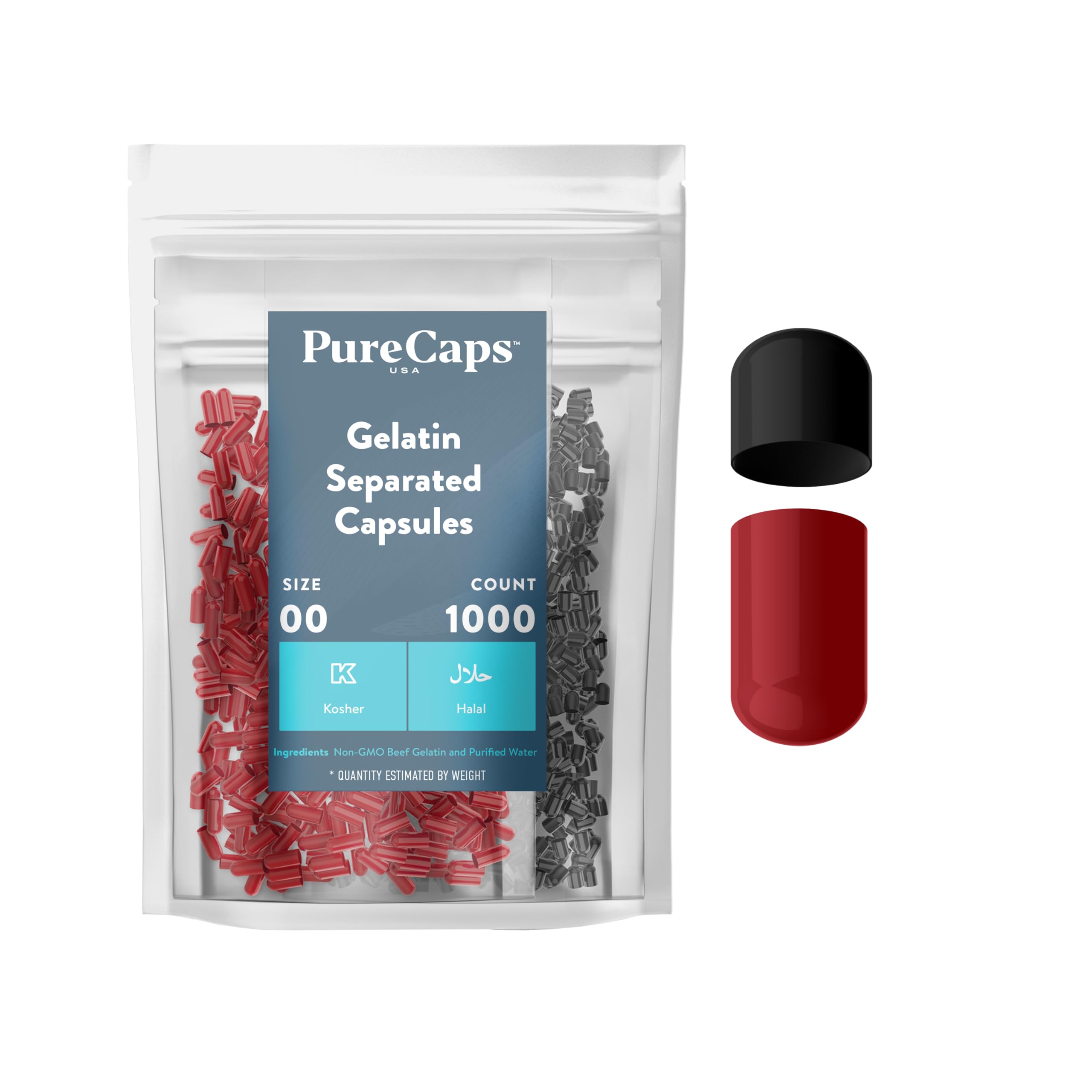 Purecaps USA - Empty Gelatin Pill Capsules Size 00| 1,000 Separated Pills| Black/Red| Non-GMO Certified | SLS, Gluten, Preservat