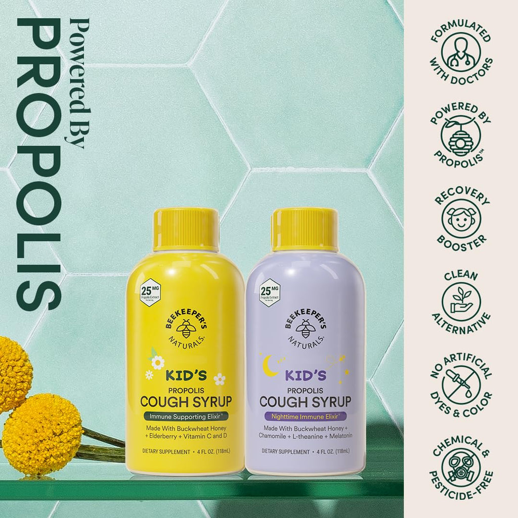Beekeepers Naturals Propolis Honey Cough Syrup Daytime for Kids Immune Support with Elderberry, Vitamin C, Vitamin D & Raw Hone