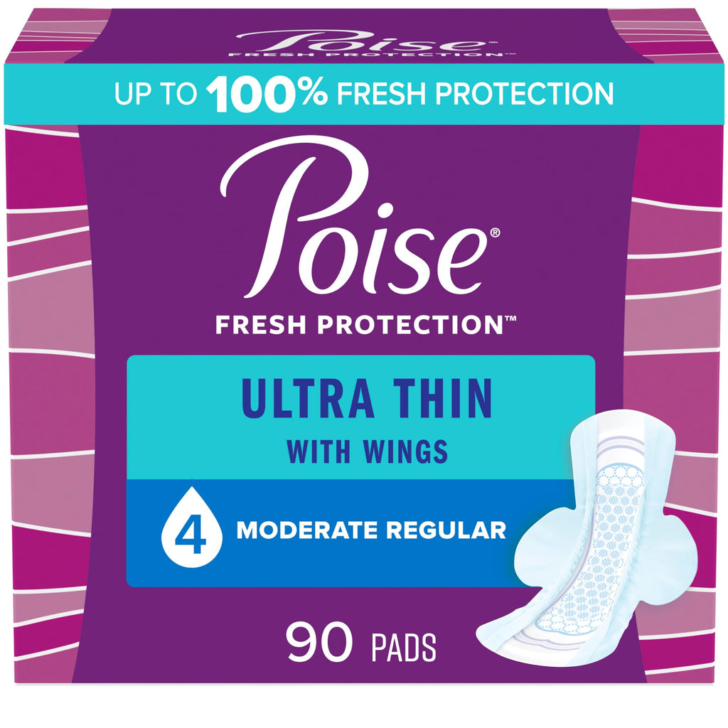 Poise Ultra Thin Incontinence Pads with Wings & Postpartum Incontinence Pads, 4 Drop Moderate Absorbency, Regular Length, 90 Cou