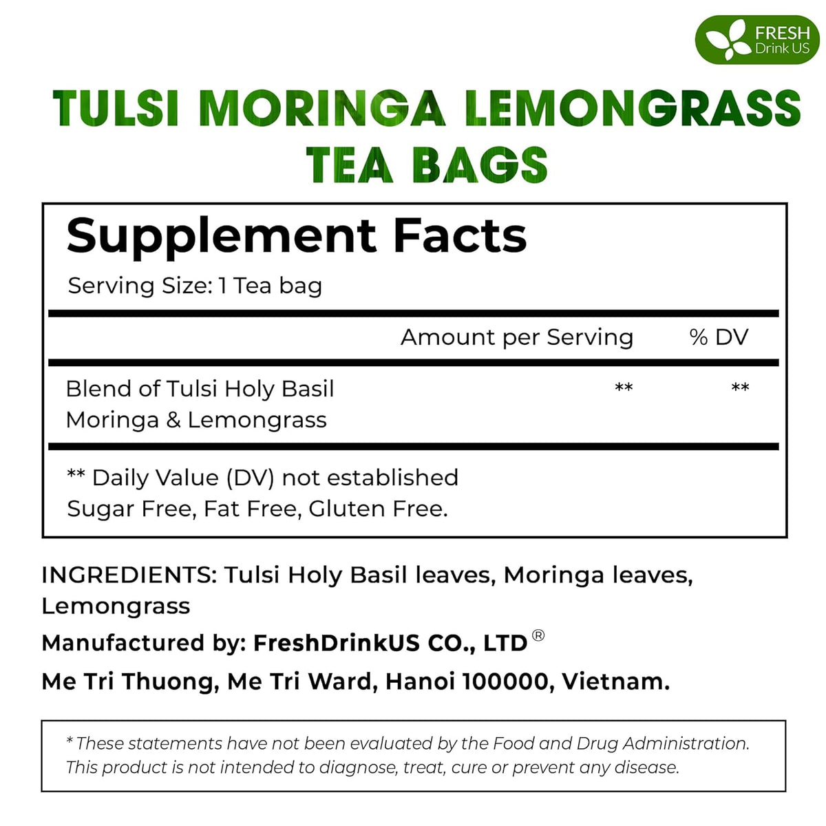 Premium Tulsi Moringa Lemongrass  Tea Bags, 100% Natural & Pure from Tulsi Holy Basil Leaves, Moringa & Lemongrass.