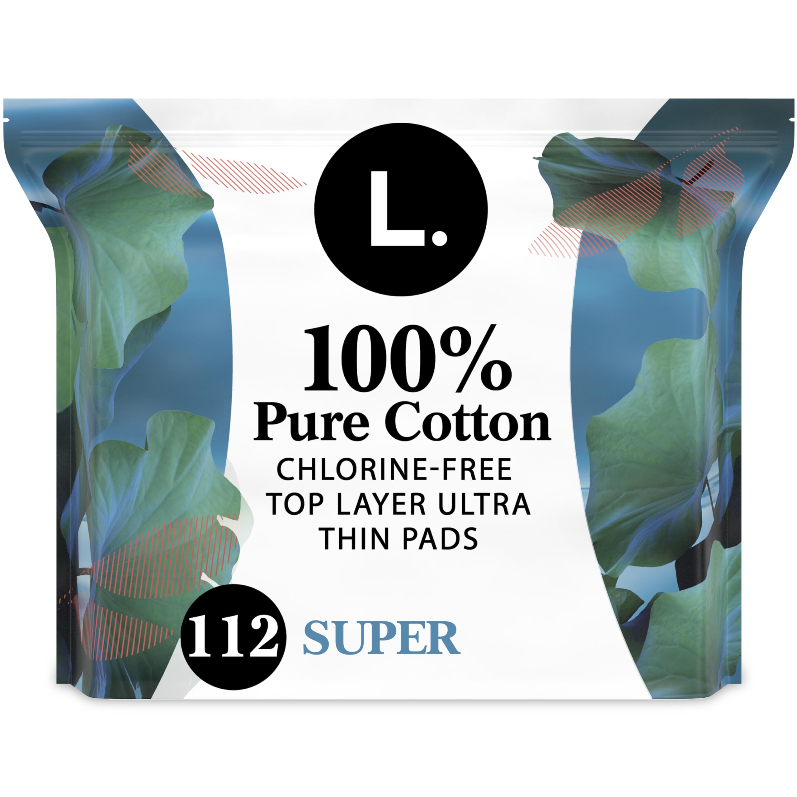 L. Ultra Thin Pads for Women, Super Absorbency, 100% Pure Cotton Top Layer, Unscented Pads with Wings, 56 CT
