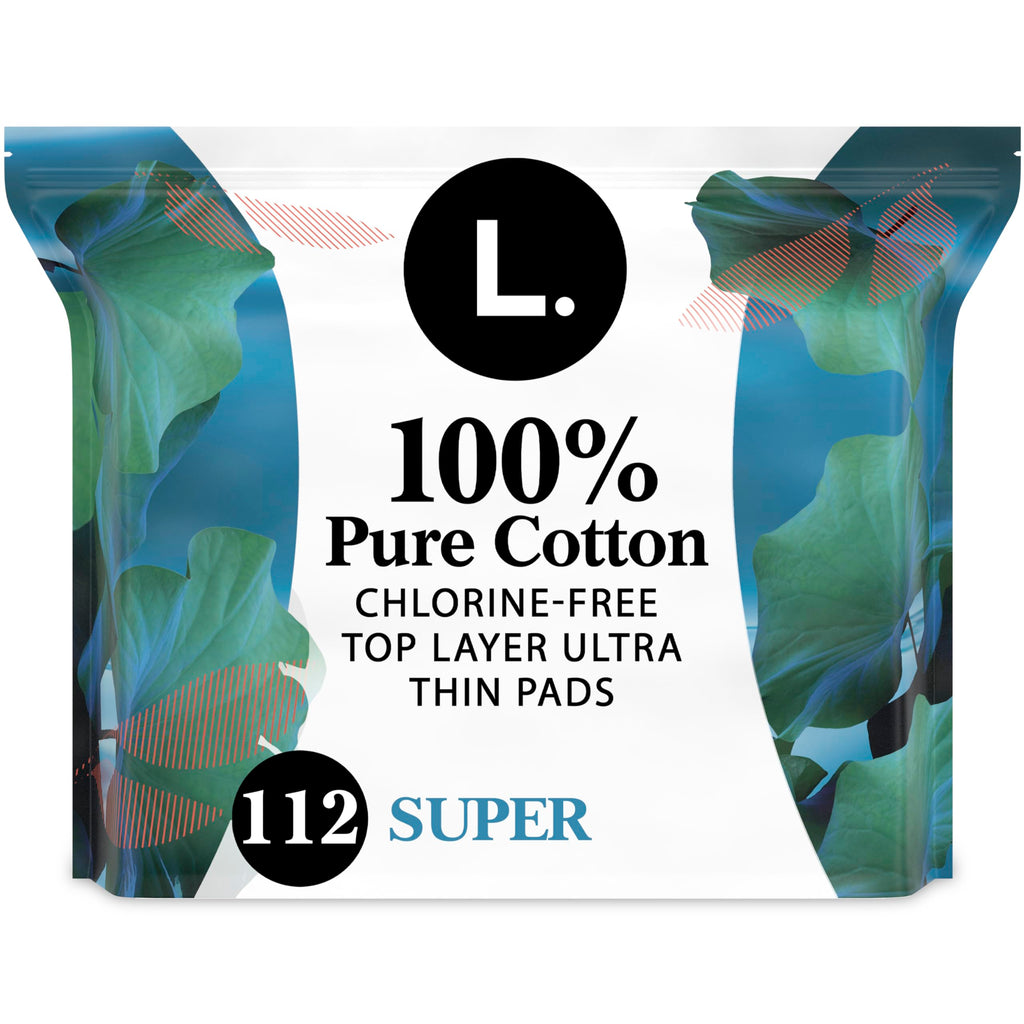 L. Ultra Thin Pads for Women, Super Absorbency, 100% Pure Cotton Top Layer, Unscented Pads with Wings, 56 CT