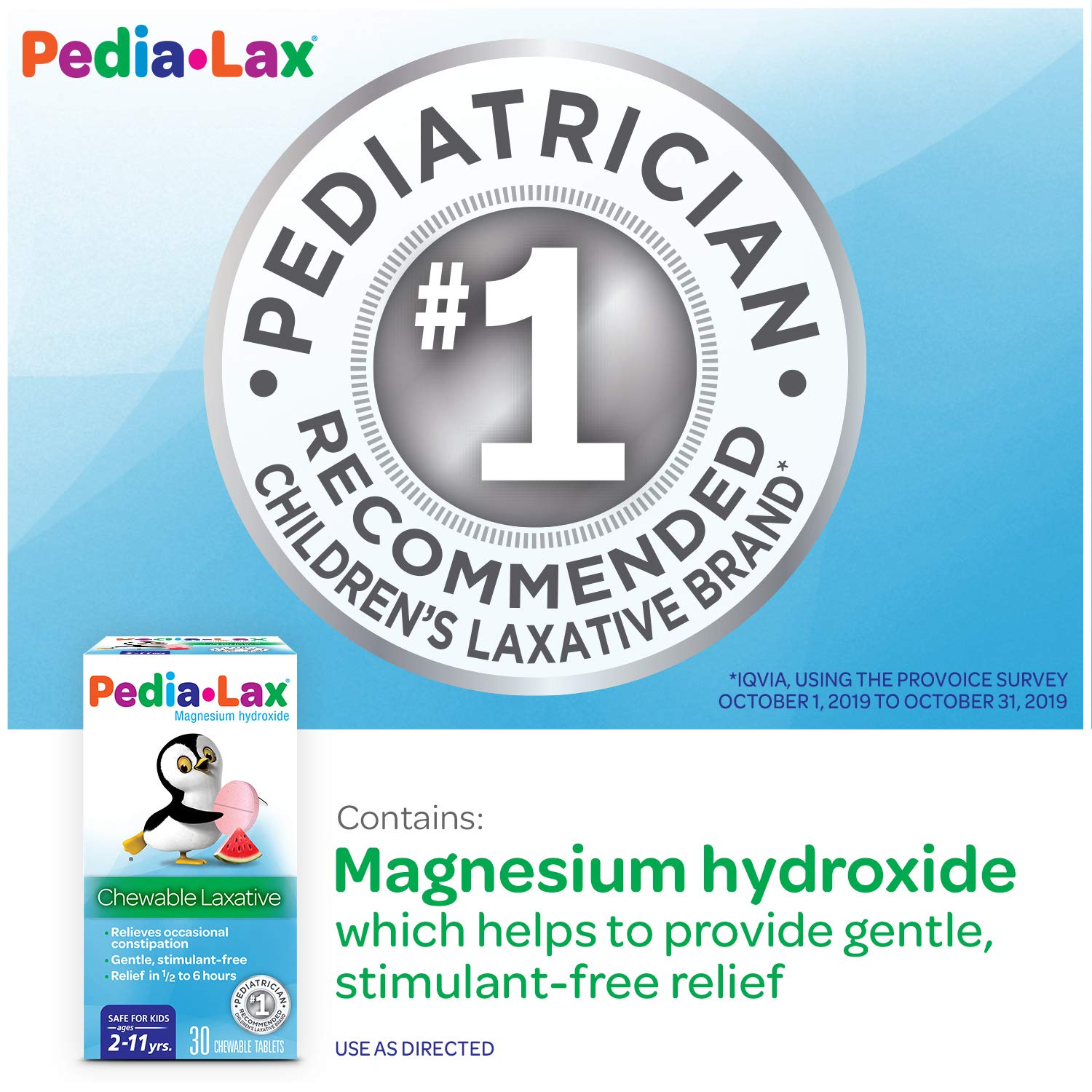Pedia-Lax Laxative Chewable Tablets for Kids, Ages 2-11, Watermelon Flavor, 30 CT, 24 Pack