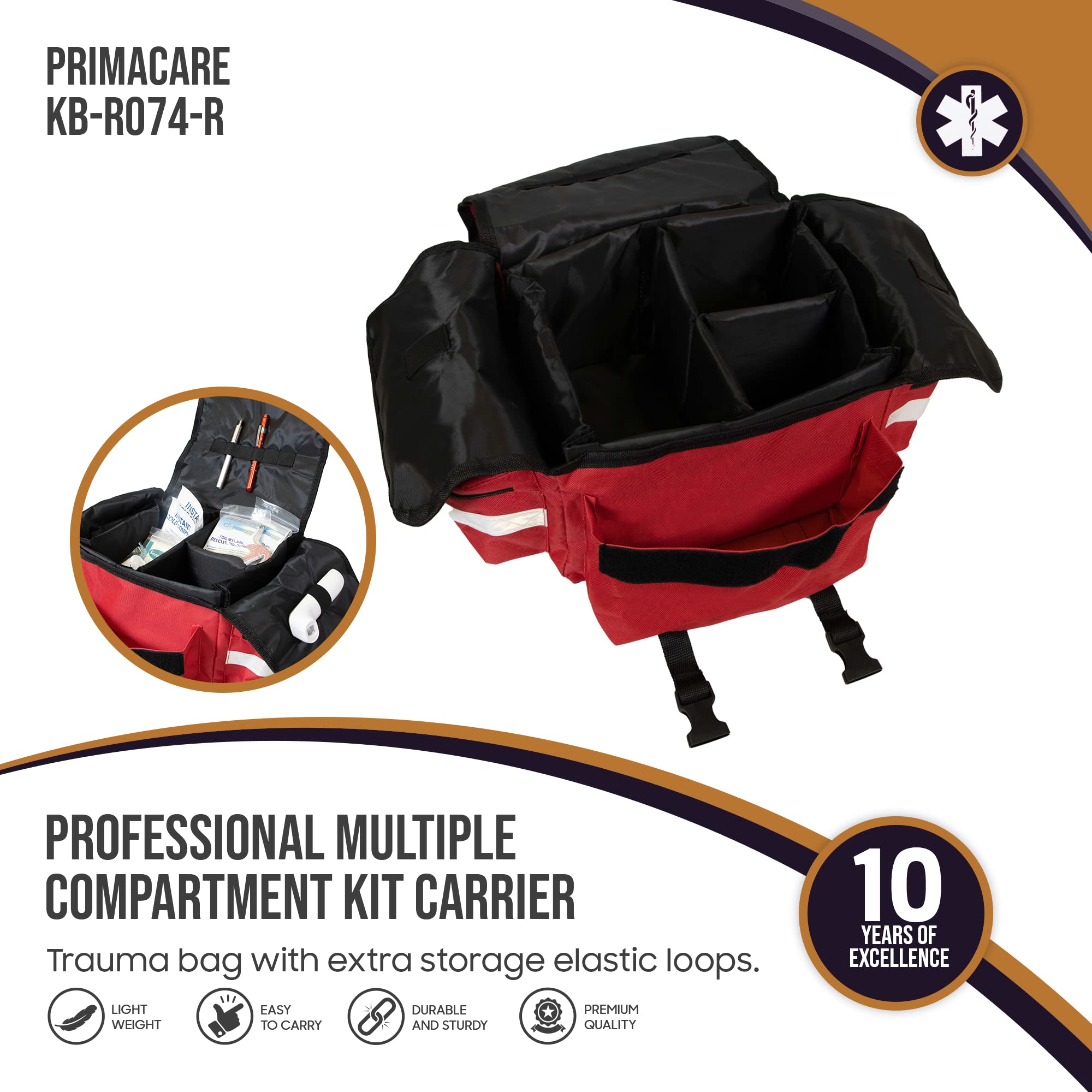 PrimaCare KB-RO74-R First Responder Bag for Trauma, 17 x 9 x 7, Red