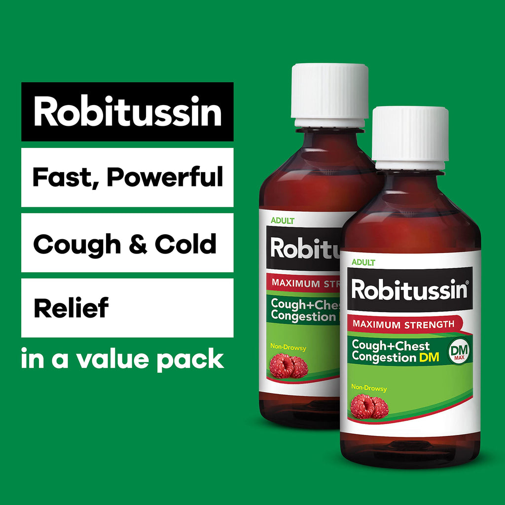 Robitussin Adult Maximum Strength Cough Plus Chest Congestion DM Max, Cough Suppressant and Expectorant, Raspberry Flavor, 8 Fl