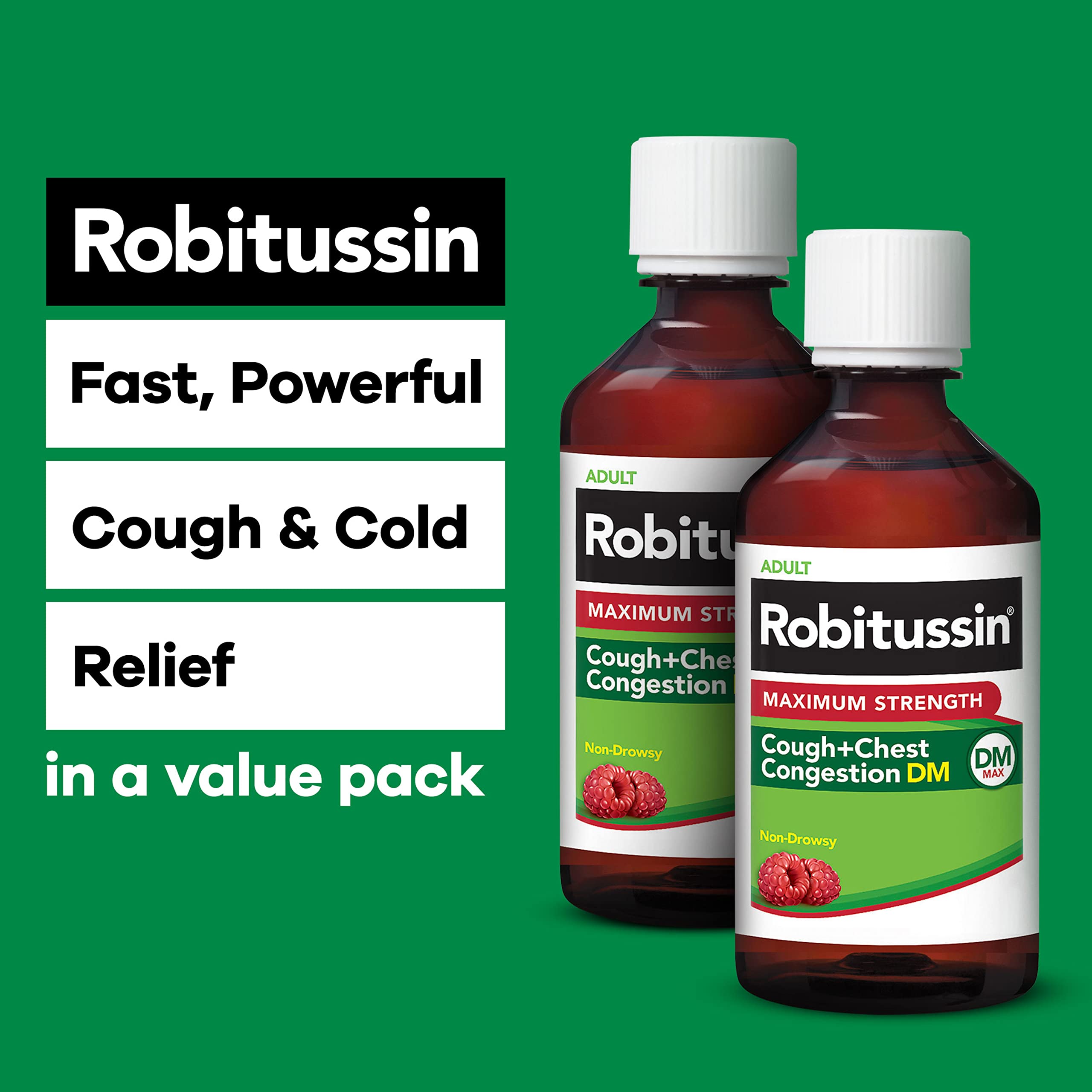 Robitussin Adult Maximum Strength Cough Plus Chest Congestion DM Max, Cough Suppressant and Expectorant, Raspberry Flavor, 8 Fl