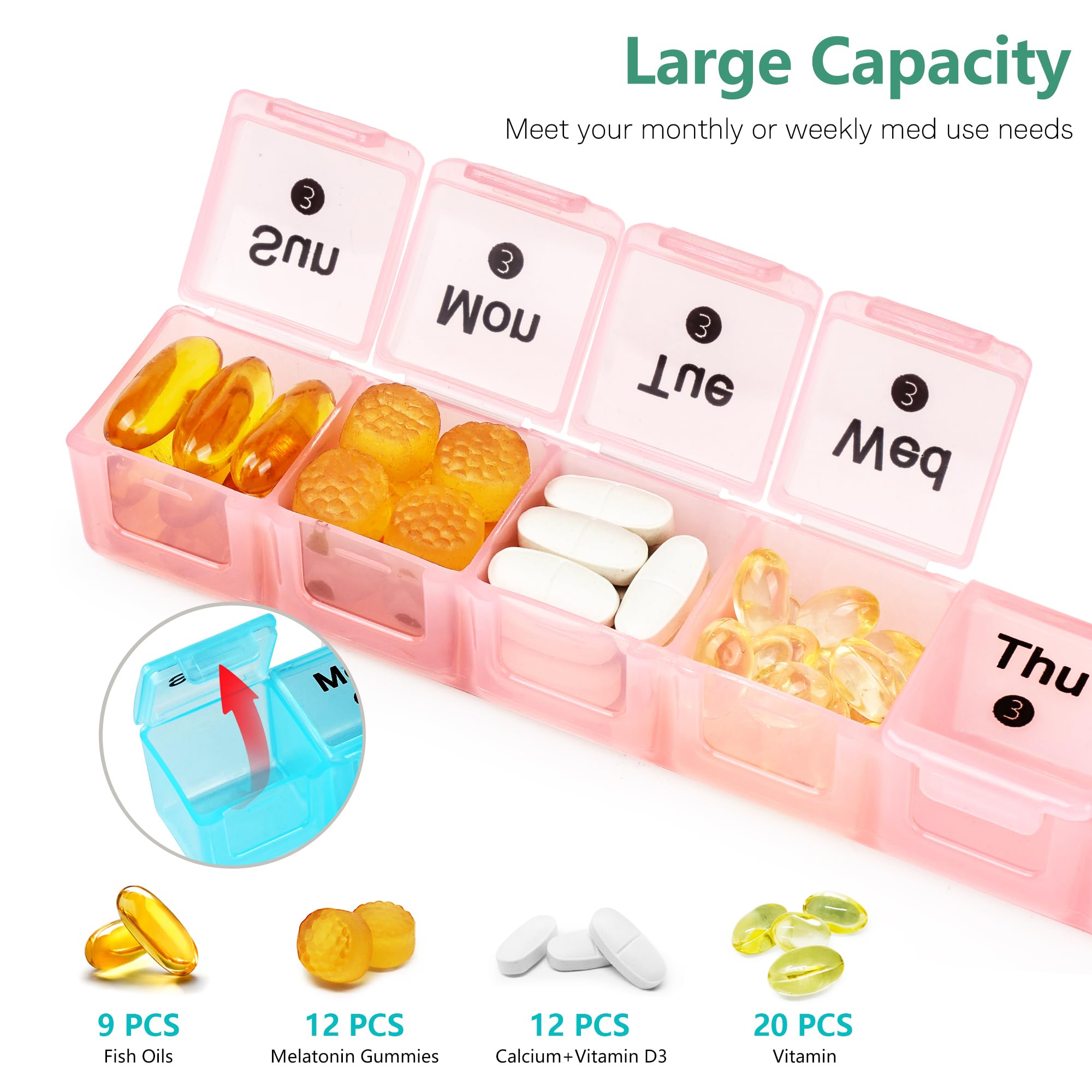 FHORAIN Monthly Pill Organizer 28 Day, 4 Weeks 1 Time a Day Pill Cases, Large Compartments Medicine Container for Vitamins, Fish