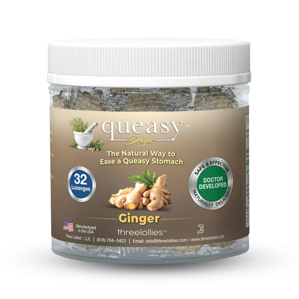 Three Lollies Queasy Drops - Ginger Flavor - Relief from Nausea & Travel Sickness, Soothes a Dry Mouth & Settles Stomach - Natur