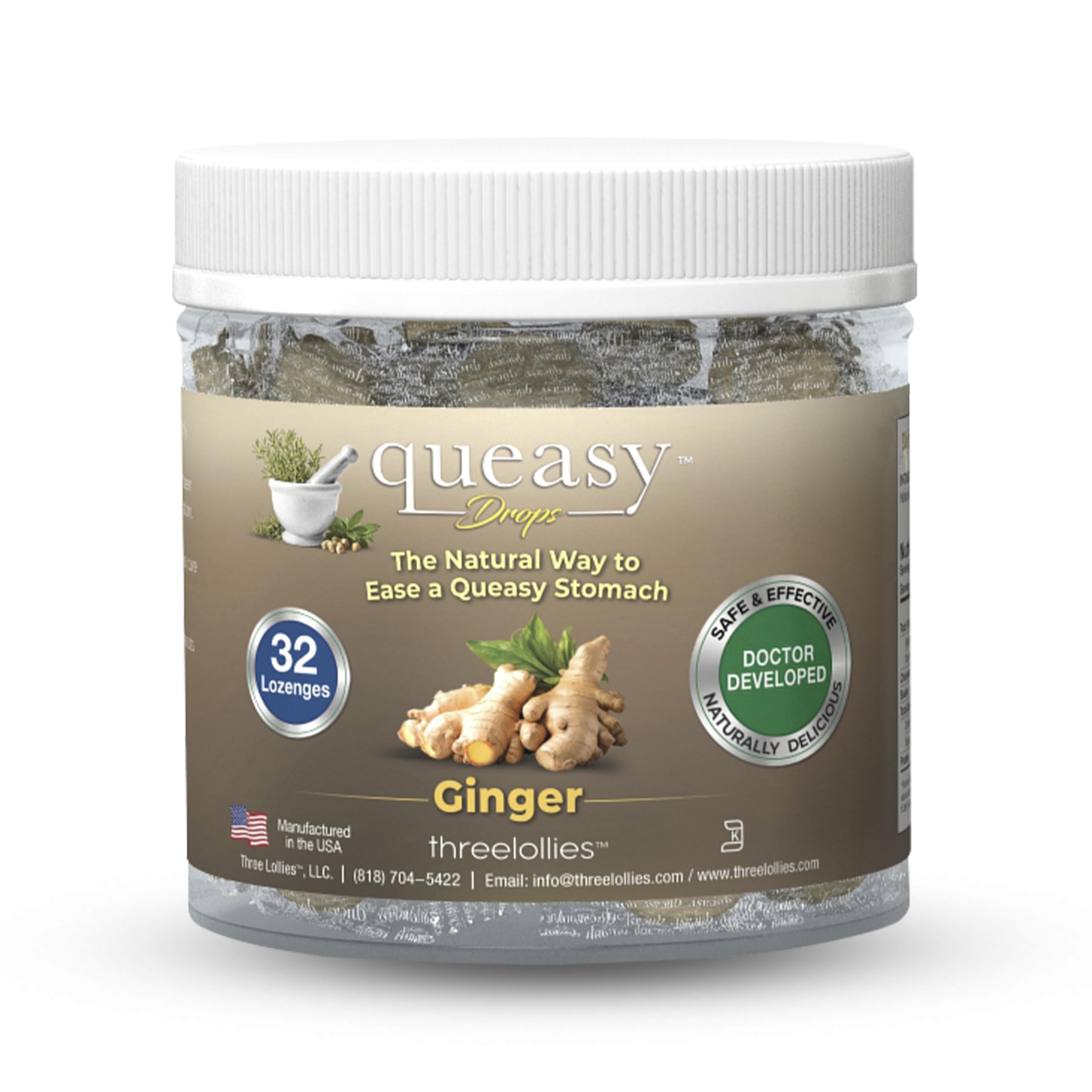 Three Lollies Queasy Drops - Ginger Flavor - Relief from Nausea & Travel Sickness, Soothes a Dry Mouth & Settles Stomach - Natur