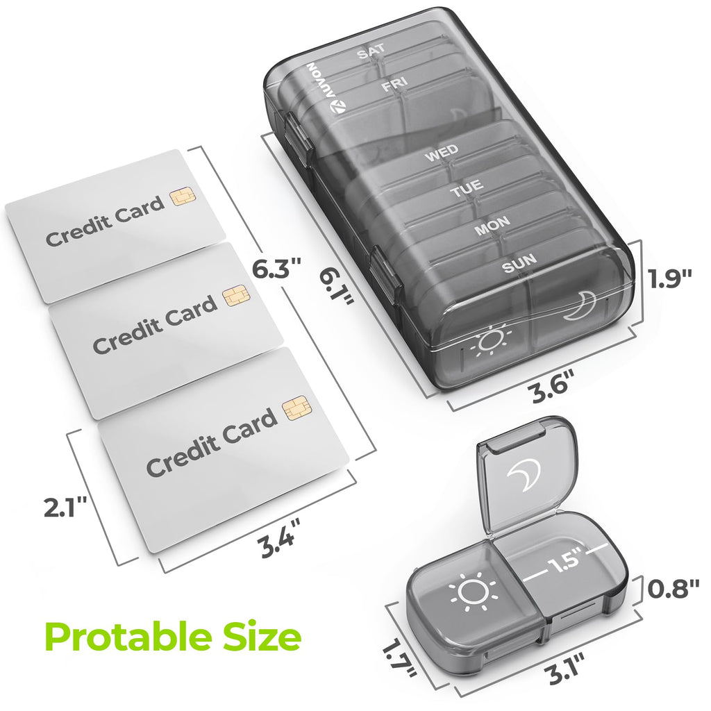 AUVON XL Weekly Pill Organizer 2 Times a Day, Pill Box 7 Day with One-Side Large Openings for Easy to Use, Gray AM PM Pill Case