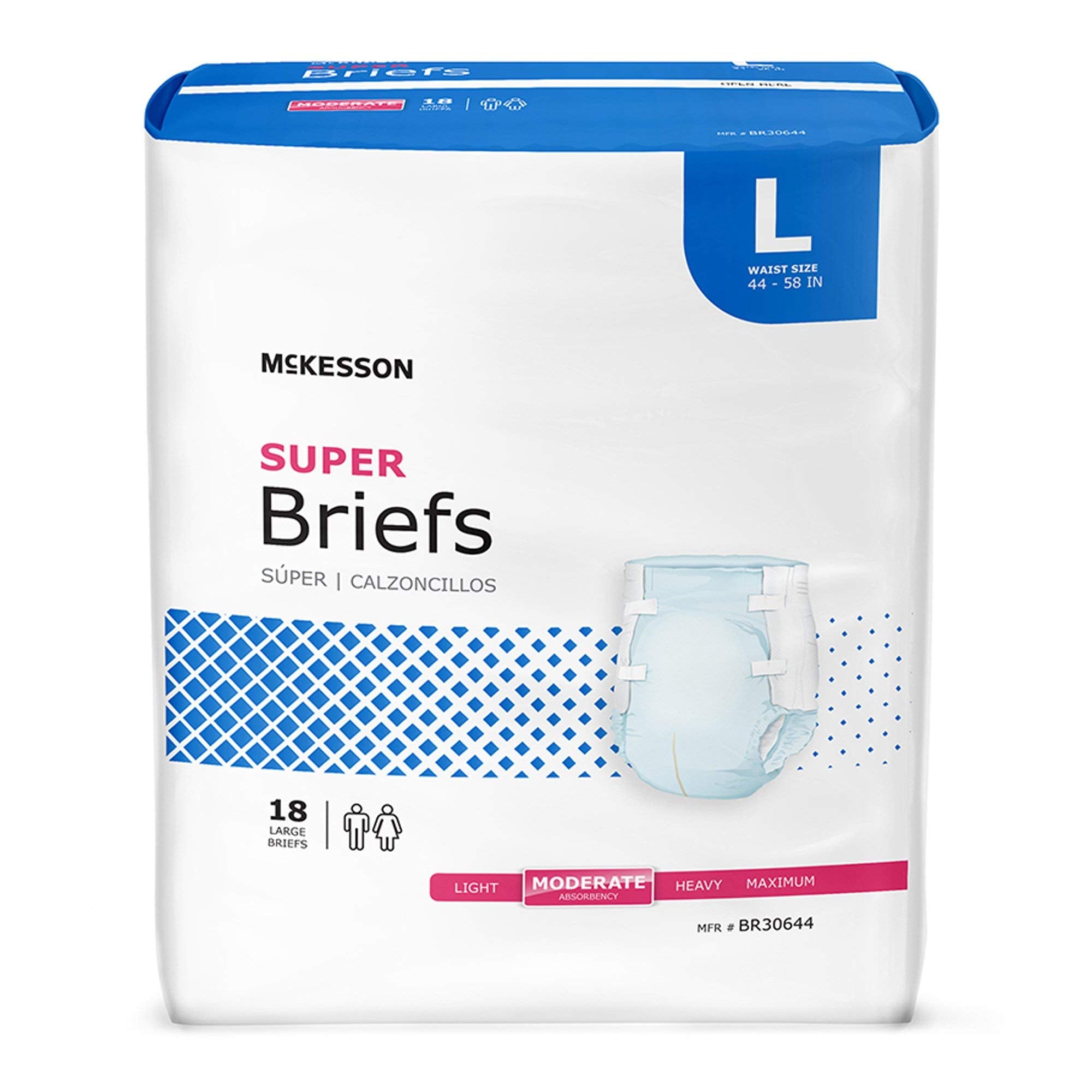 McKesson Super Briefs, [72 Count], Size L, 44-58 in. Incontinence Adult Diapers with Tabs, Moderate Absorbency, Unisex, Disposab