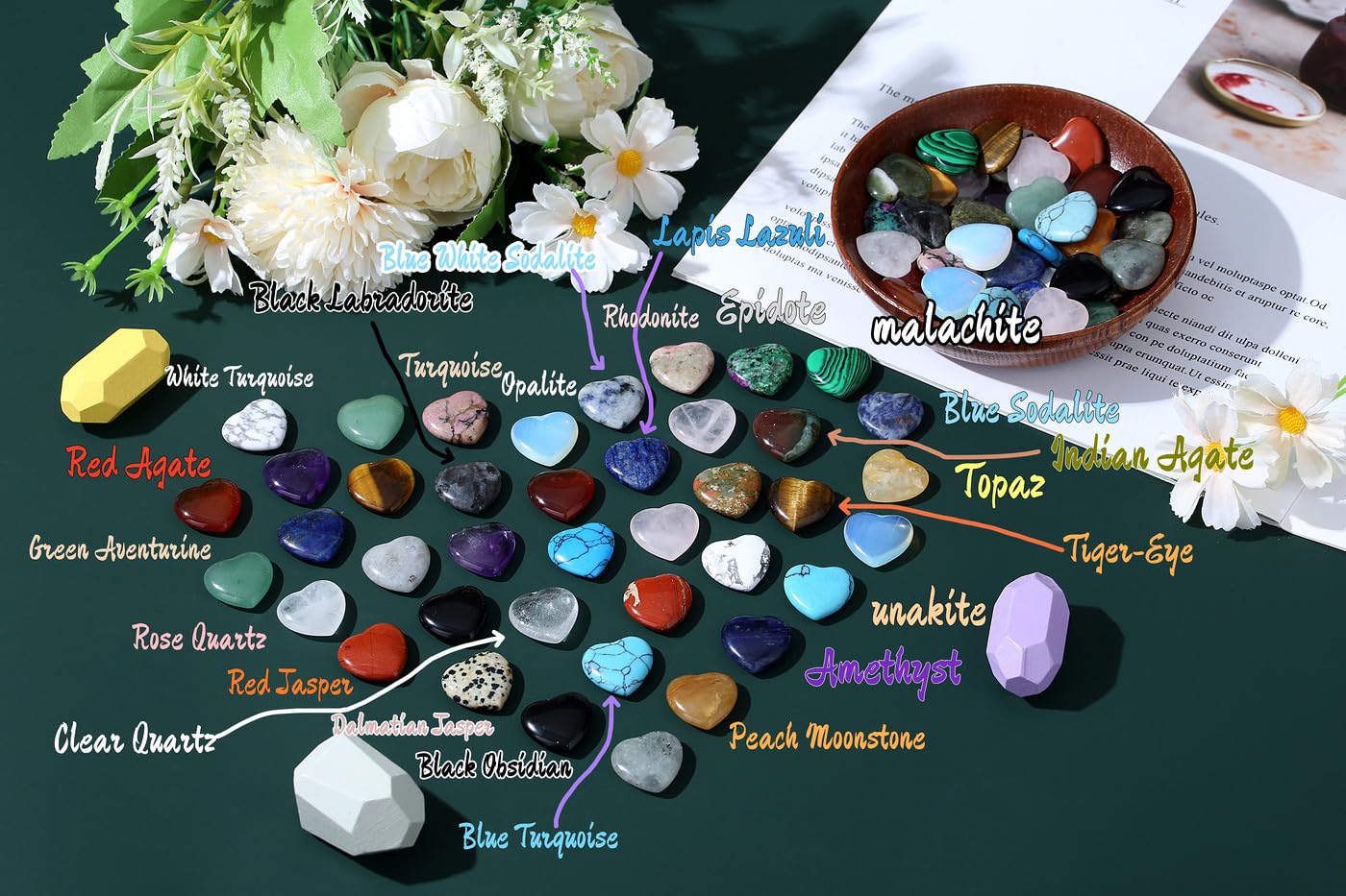 NUKAYAI 40 PCS 0.8 inch Heart Shaped Crystals Heart Stones Love Cute Tiny Trinket Gemstones Rose Quartz Amethyst Set Wholesale R