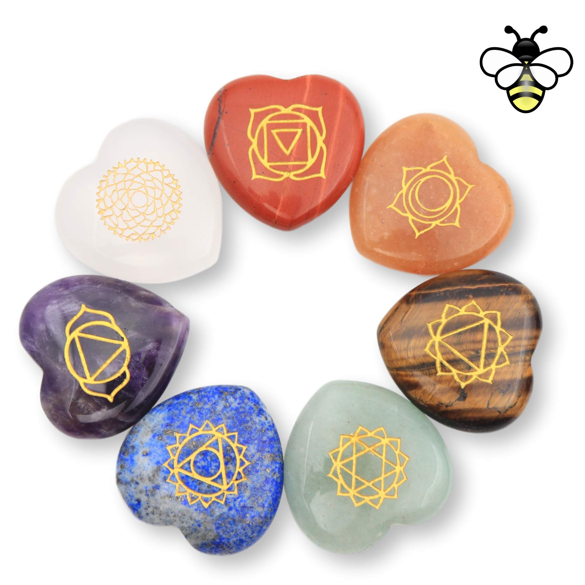 NatureWonders All Natural 7 Chakra Stone Set (Heart-Shaped) with Engraved Symbols (Gift Box, Information Brochure & Pouch) - Hea