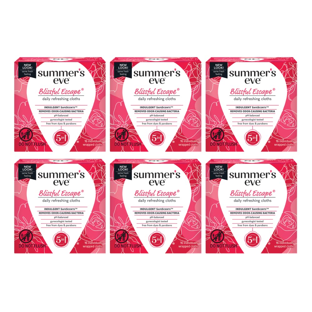 Summer's Eve Blissful Escape Daily Refreshing Feminine Wipes, Removes Odor, pH balanced, 16 count, (Pack of 6)