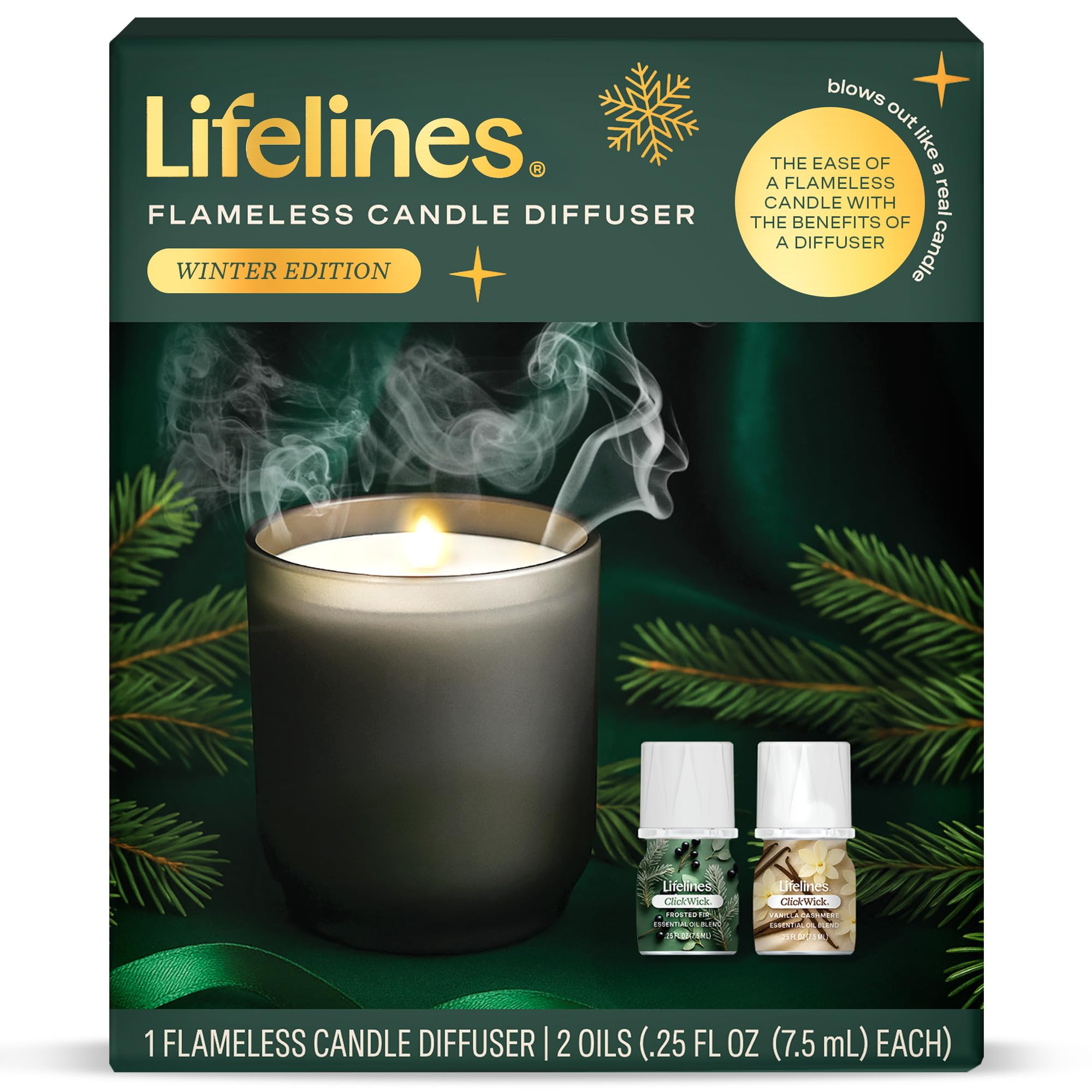 Lifelines Flameless Candle Diffuser - Winter Edition Gift Set - Aromatherapy Essential Oil Diffuser with 2 Holiday ClickWick Ble