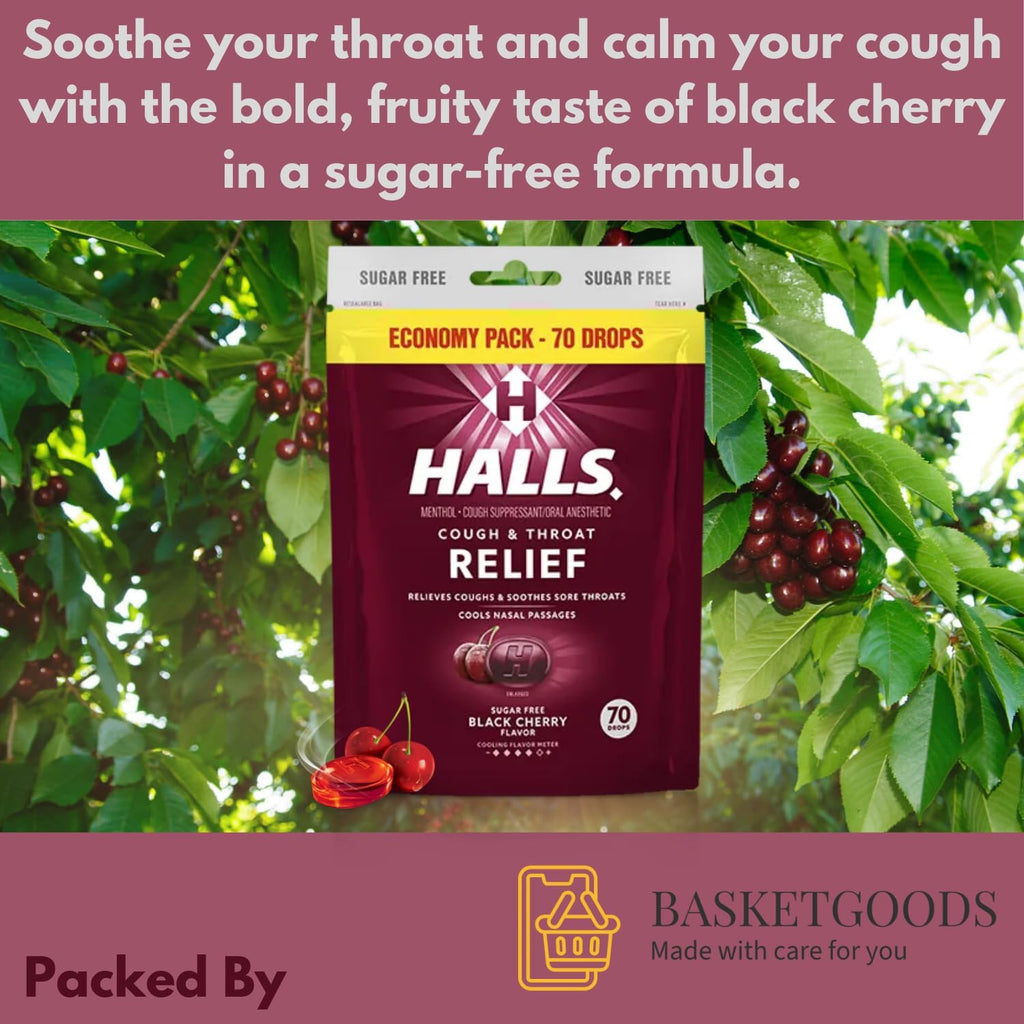 BASKETGOODS Sugar Free Black Cherry - Relief Cough Drops, Sugar Free Cough Drops, Economy Pack 70 Drops (1 Pack), Set with Baske