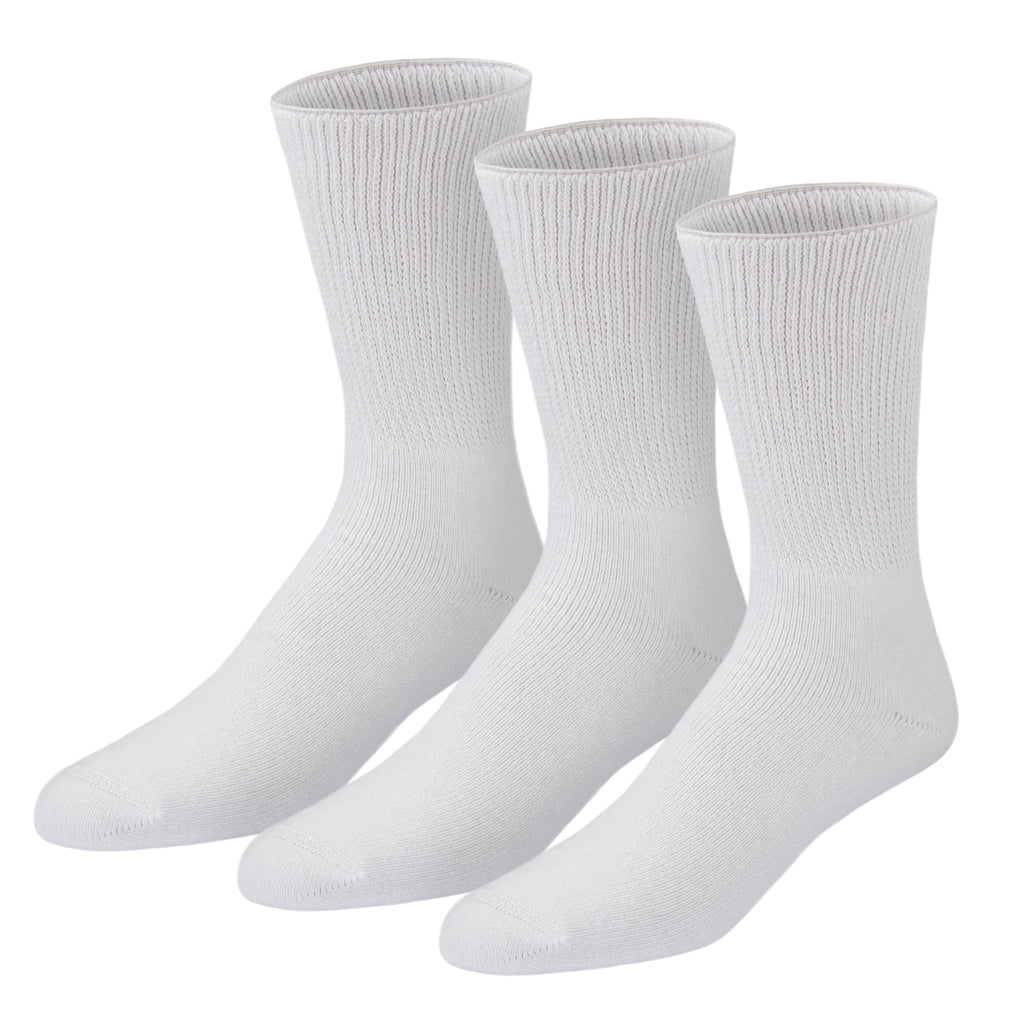3 Pairs of Premium Cotton Loose Top Diabetic Neuropathy Crew Socks (9-11, White)