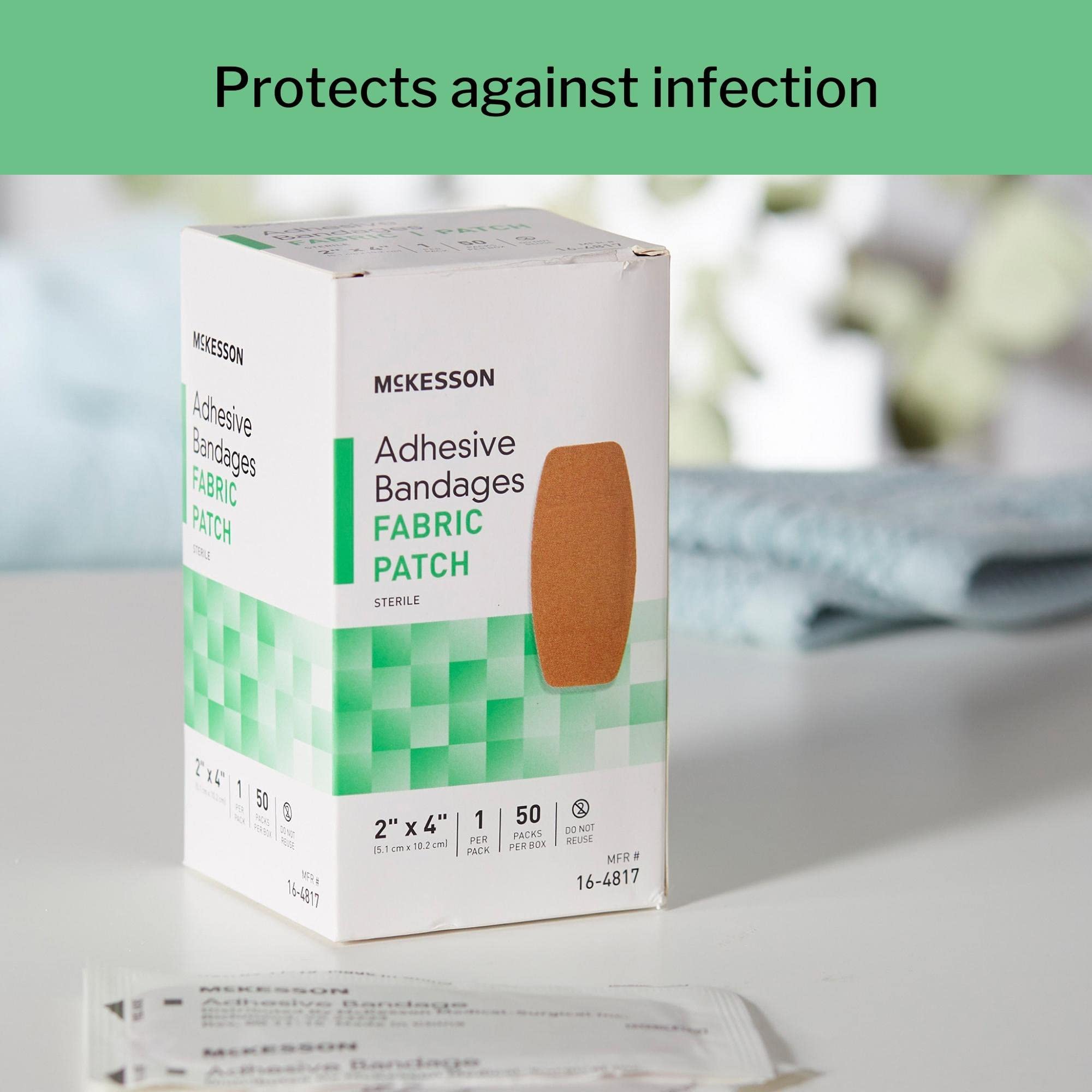 McKesson Adhesive Bandages, Sterile, Fabric Patch, 2 in x 4 in, 50 Count, 24 Packs, 1200 Total