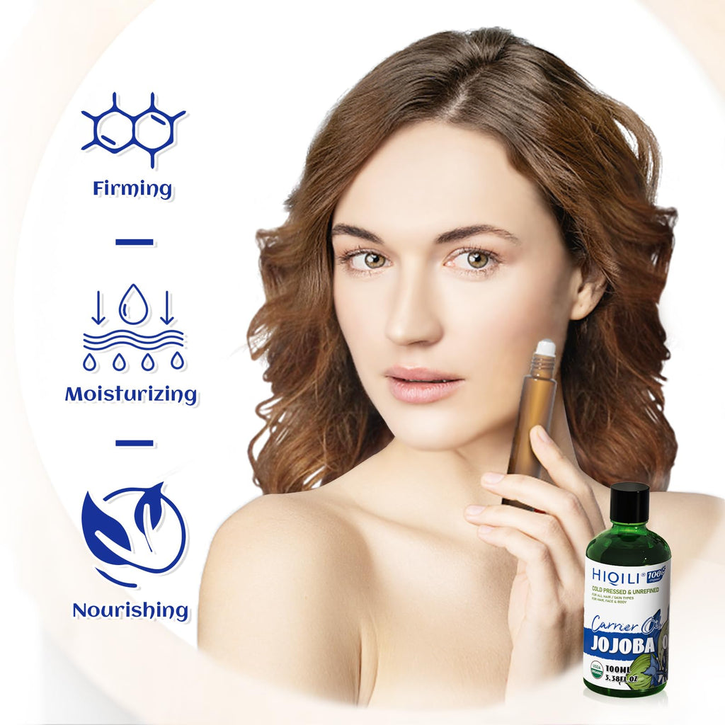 HIQILI 100ML Jojoba Oil Organic for Hair Growth,100% Pure Cold Pressed Unrefined, Included Roller Bottle for Massage - 3.38 Fl O