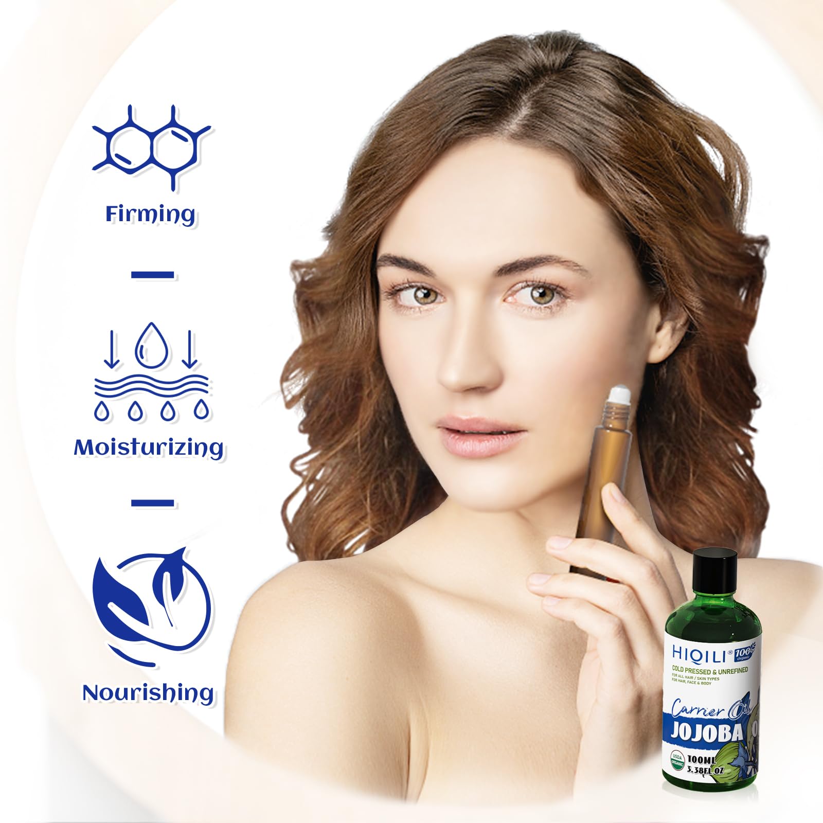 HIQILI 100ML Jojoba Oil Organic for Hair Growth,100% Pure Cold Pressed Unrefined, Included Roller Bottle for Massage - 3.38 Fl O
