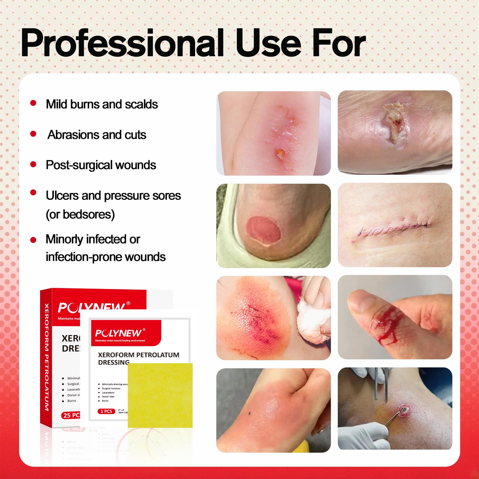 POLYNEW Xeroform Petrolatum Dressing 4x4, 25 PCS Non-Adherent Gauze for Low Exudating Wounds, Fine Mesh Gauze Pads for Burns, Ab