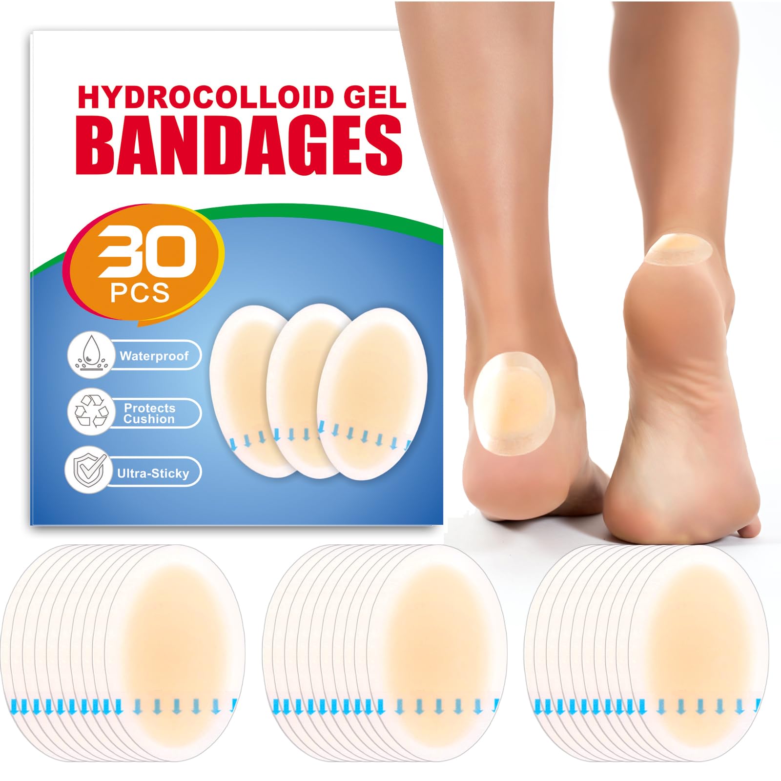 30pcs Hydrocolloid Blister Bandages - Waterproof Blister Bandages for Feet, Heels & Toes - Heel Blister Prevention & Recovery, B