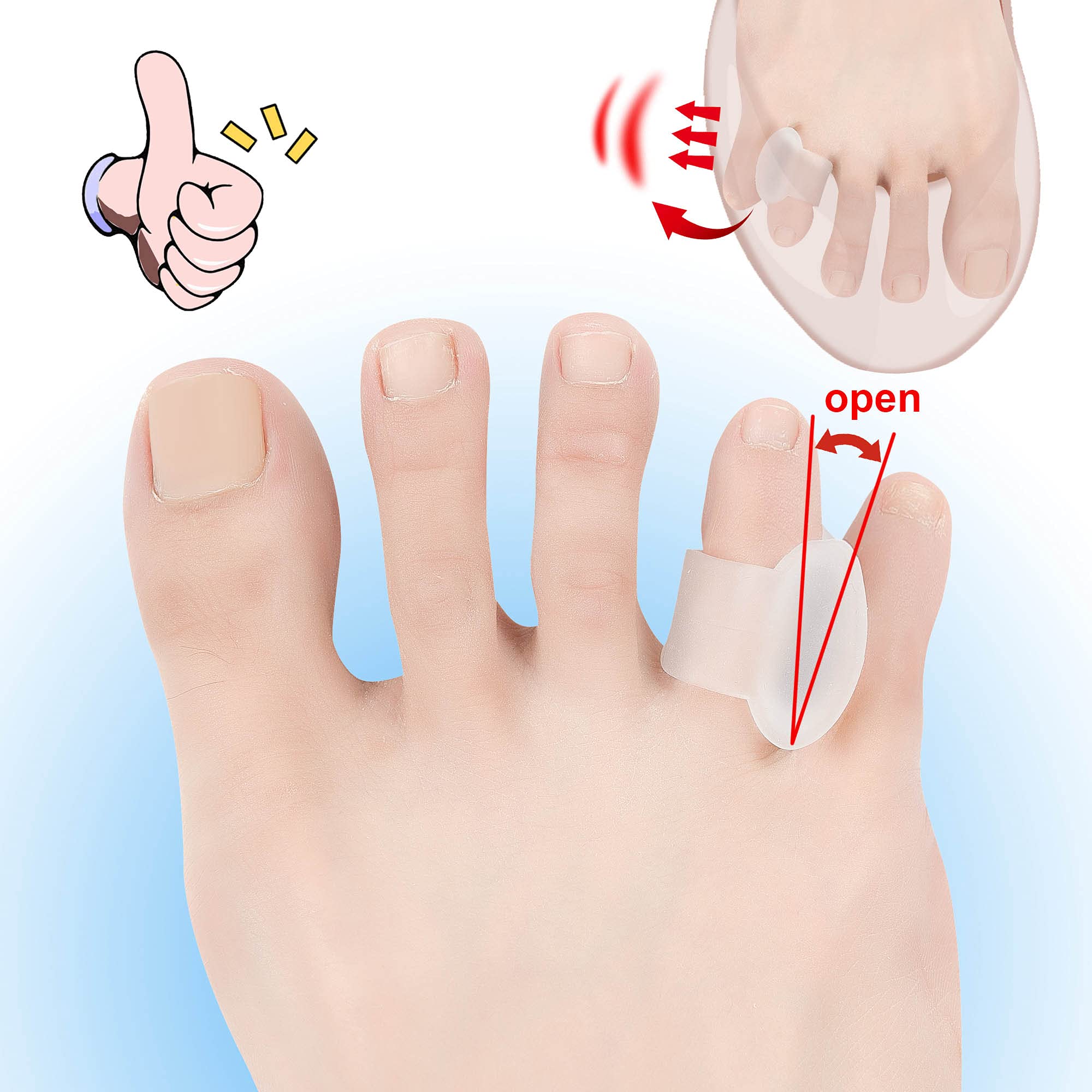 Hoogoo Pinky Toe Separators, Translucent Gel Toe Protector Spreader Small Silicone Toe Spacers, Cushions for Curled Overlapping
