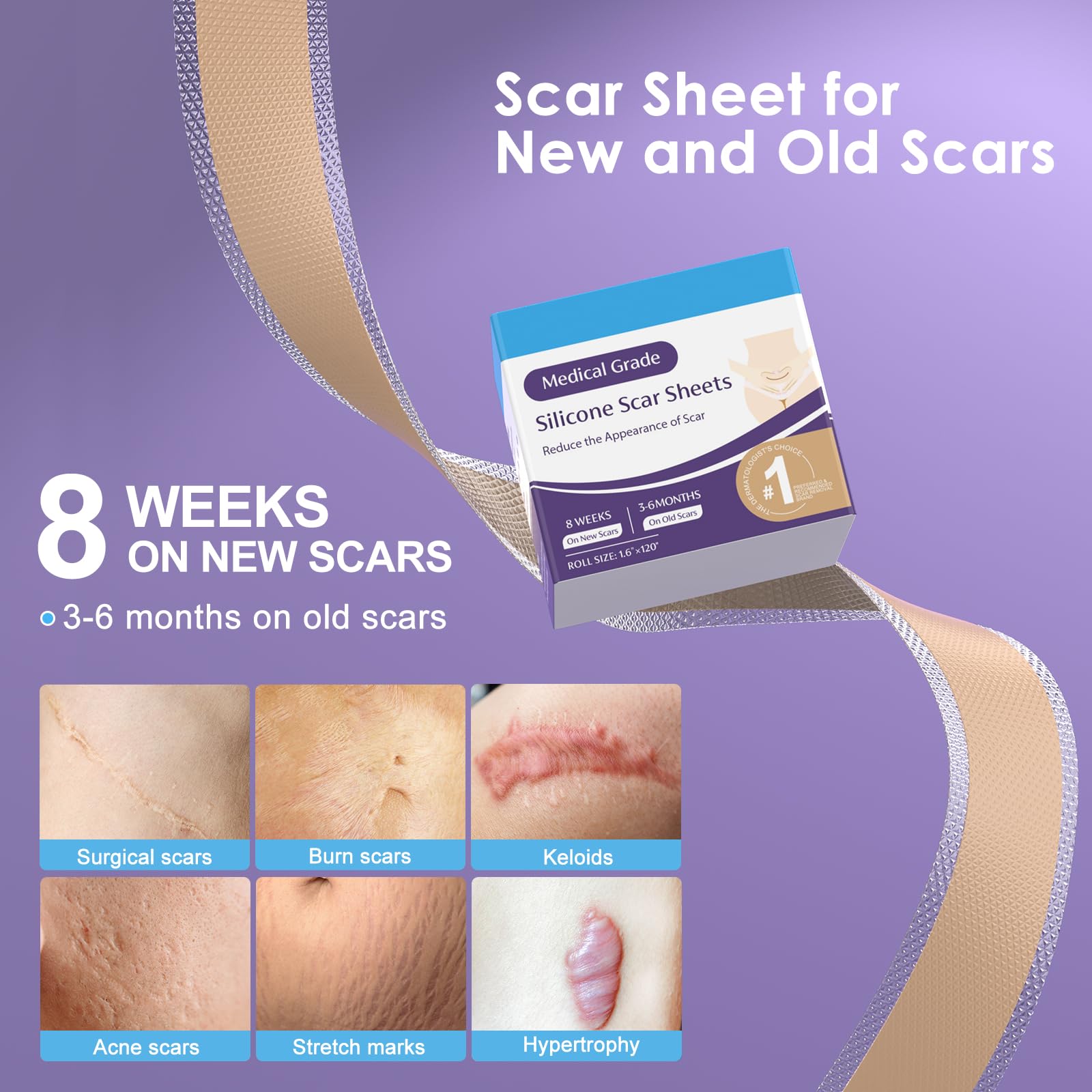 Skiennix Silicone Scar Tape for Surgical Scars - 1.6 x 120 300CM Roll - Reusable - Ultra Thin & Soft Scar Sheets for C-Sections,
