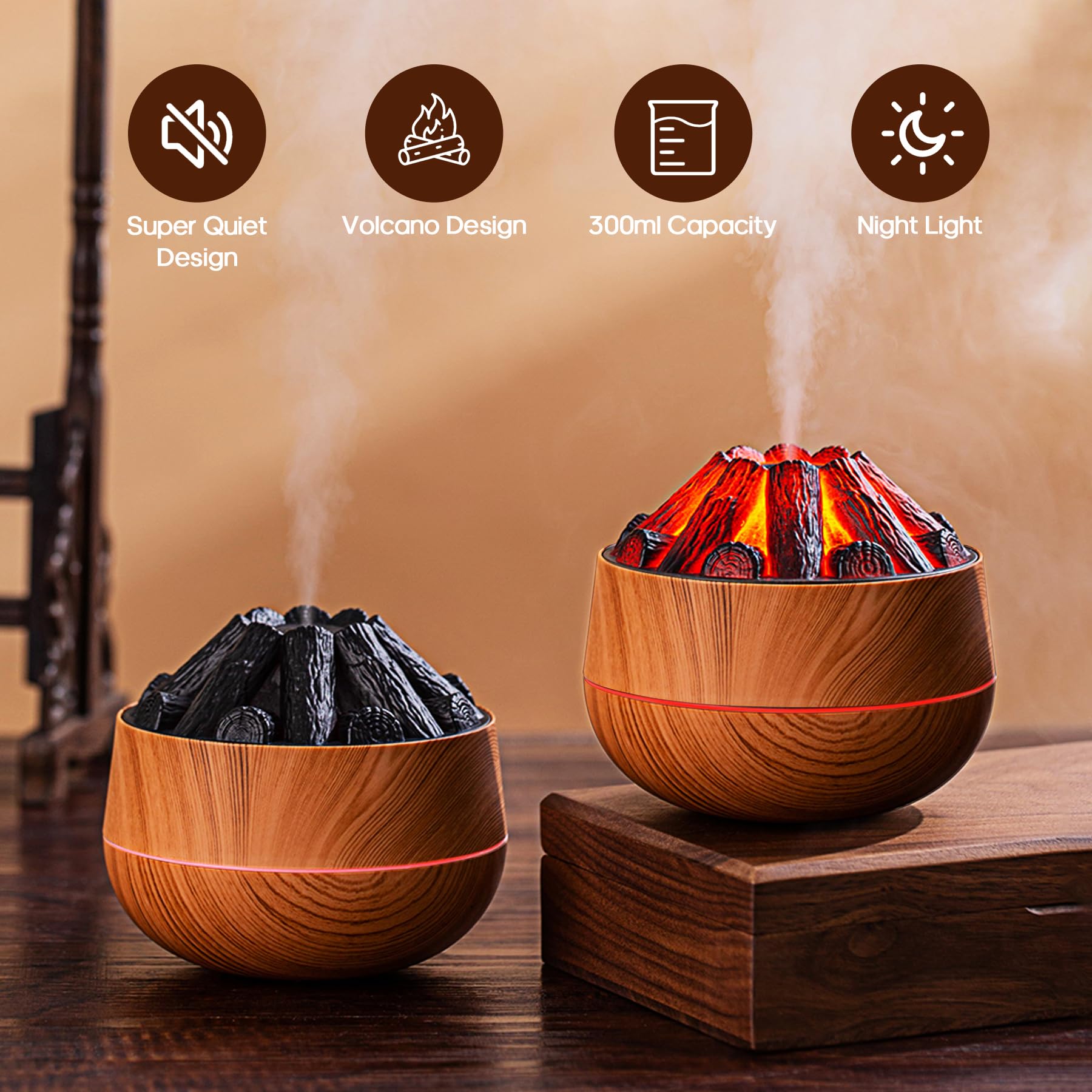 Flame Essential Diffuser Bonfire Humidifier 300ml Ultra-Quiet Auto-Off Aromatherapy Diffuser Campfire Flame Fire Diffuser for Ho