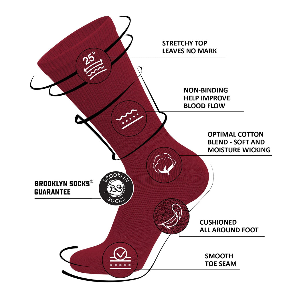 6 Pairs of Cotton Diabetic Non-Binding Neuropathy Crew Socks (Red, Fits Mens Shoe Size 8-10/Womens shoe size 9-11)