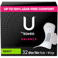 U by Kotex Balance Ultra Thin Pads with Wings, Heavy Absorbency, 32 Count (Packaging May Vary)