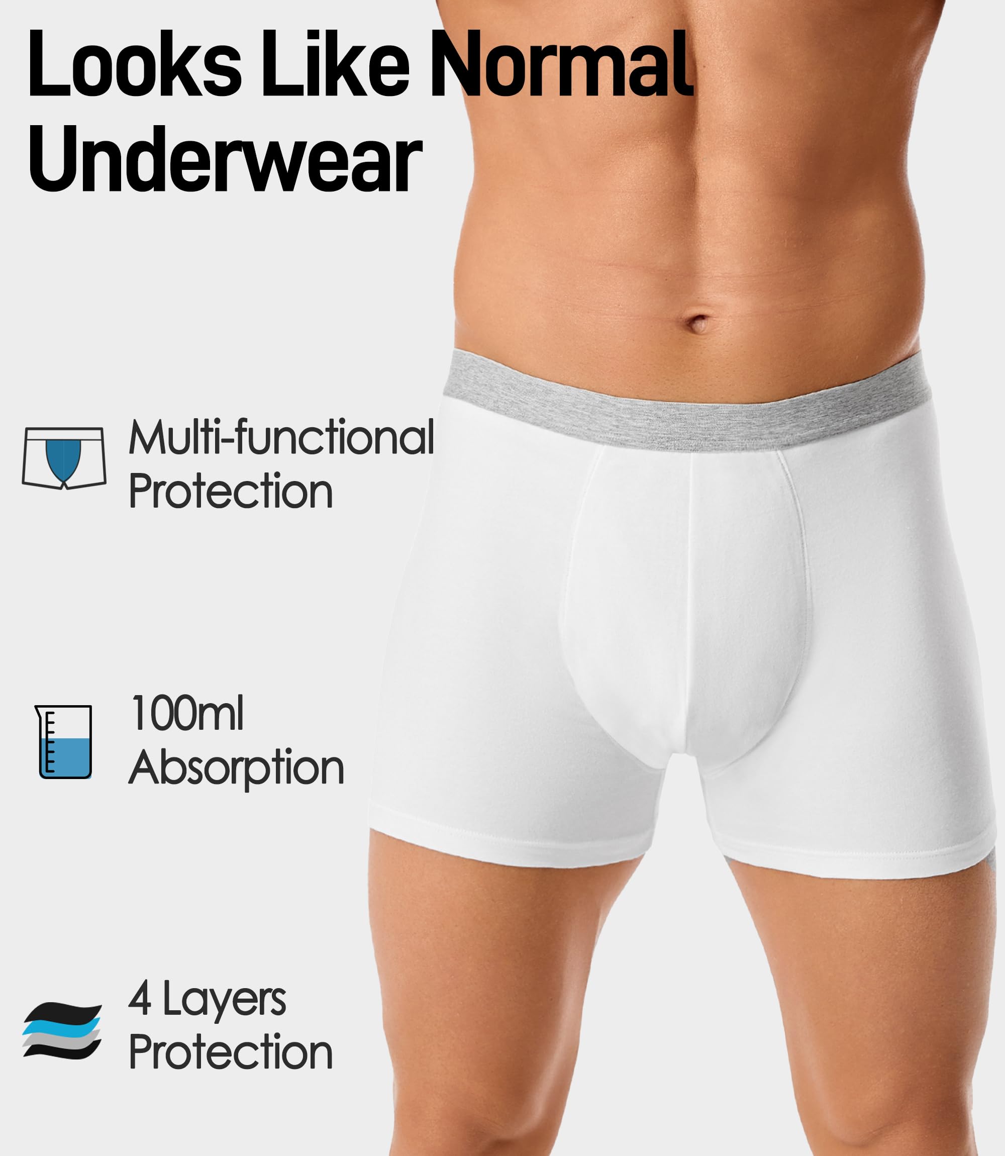 FORVEVO Mens Incontinence Underwear, Black Boxer Brief with Protective Pads, Washable Reusable LeakProof Heavy Absorbency 3 Pac