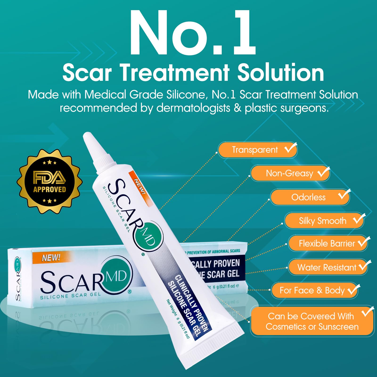 ScarMD Medical Grade Silicone Scar Gel Treatment,Keloid Bump Removal,Fades Scars from Surgery, Burn Scar,Face Belly Piercings, C